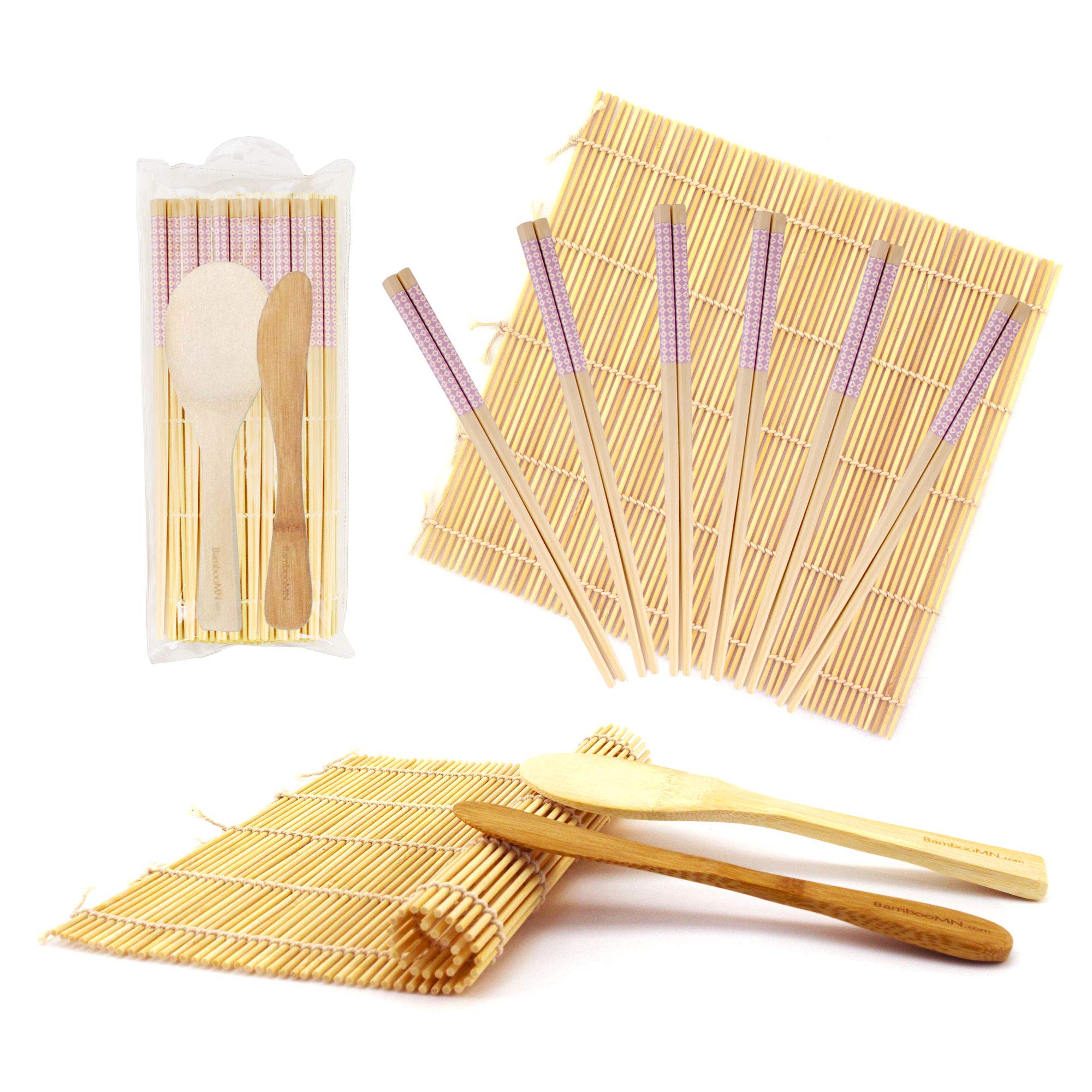 BambooMN 10-Piece Complete Sushi Making Kit with 2 Bamboo Rolling Mats, Rice Paddle, Spreader & 6 Pairs Purple Diamond Chopsticks - Perfect for Home Sushi Making, Japanese Cooking & Dinner Parties