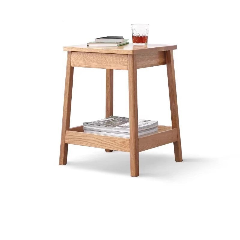 Solid Oak Wood Side Table with Double Layer Shelf - Perfect for Living Room, Bedroom, or Office Decor