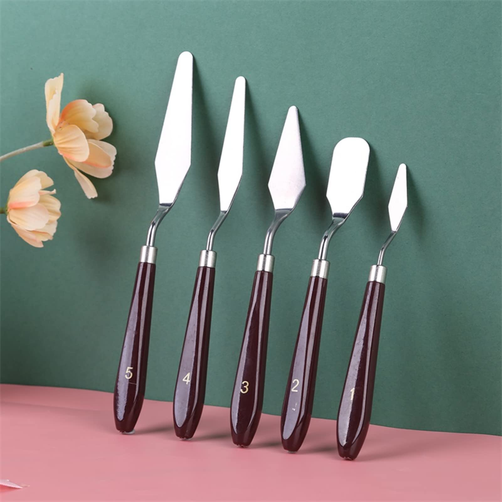 5-Piece Briartw Stainless Steel Palette Knives Set - Wooden Handle Painting Spatulas for Oil & Acrylic Painting - Professional Artist Tools for Color Mixing & Canvas Texture - Perfect for Studio, Classroom & DIY Art Projects