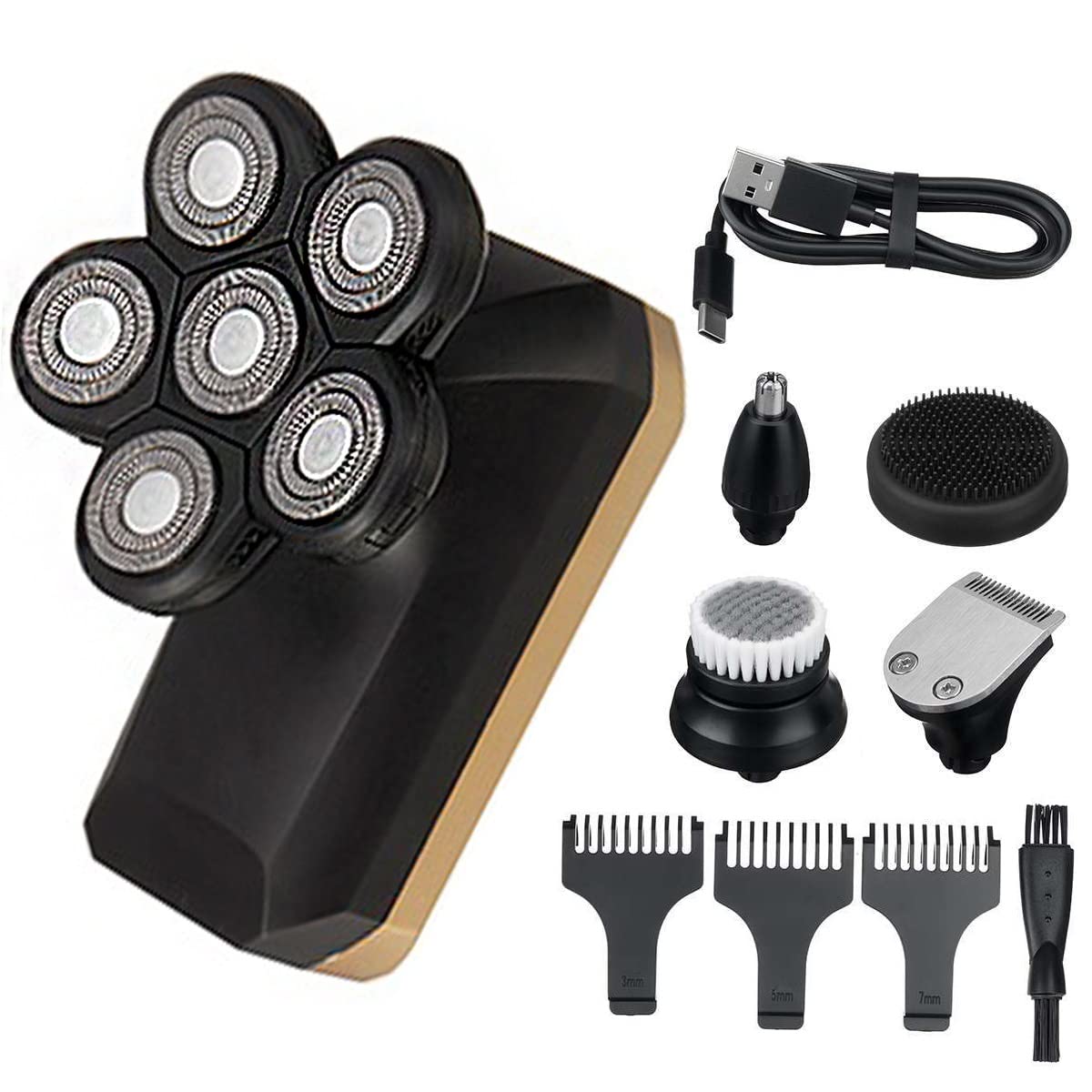6-in-1 Rechargeable Electric Razor for Men with LCD Display & 6 Floating Heads - Wet/Dry Shaver for Bald Head & Full Beard Grooming Kit - Perfect for Travel, Home & Office Use