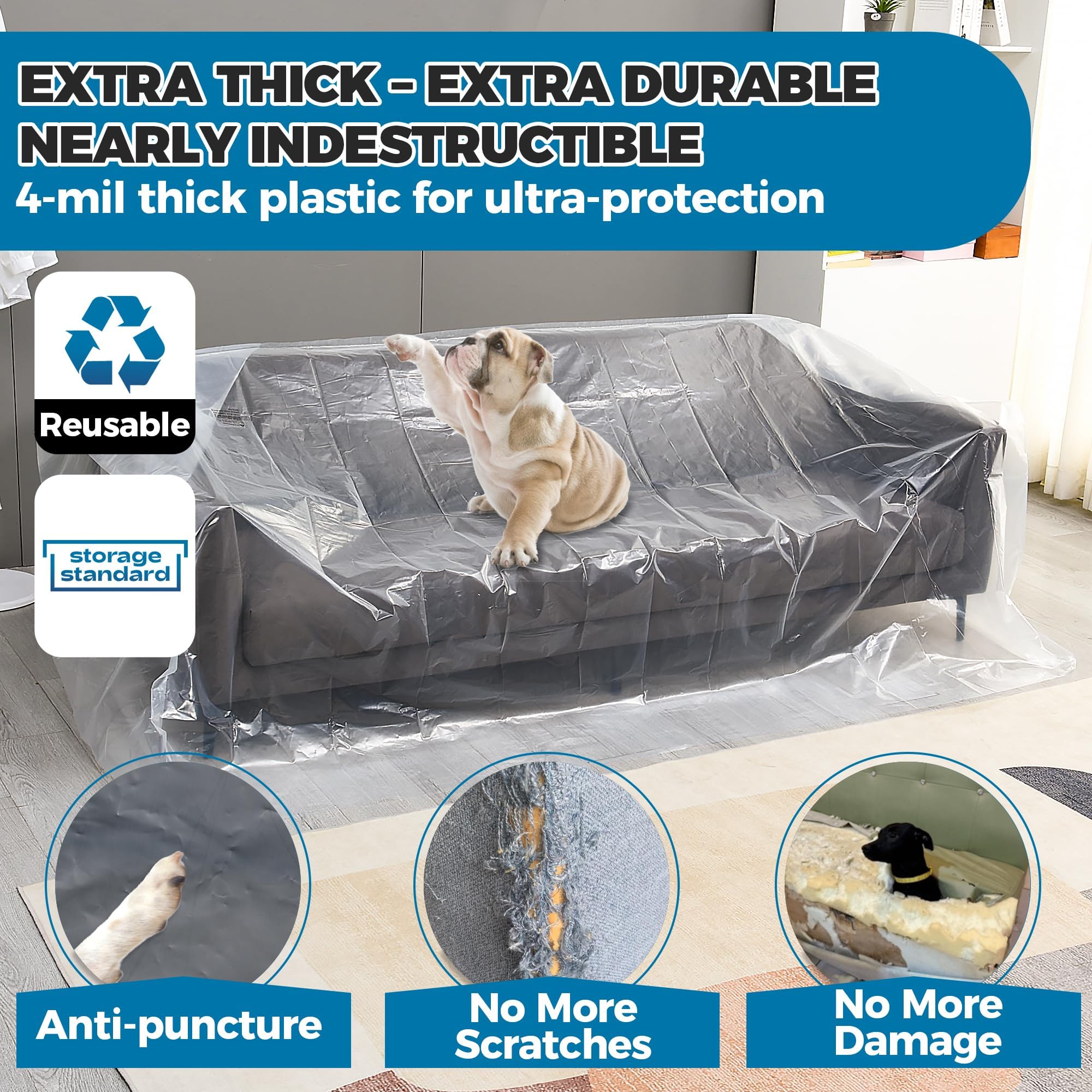 Heavy-Duty Plastic Furniture Covers - Waterproof Sofa Protector for Moving & Storage (96x42x62 Inch) - Home Renovation & Dustproof Use