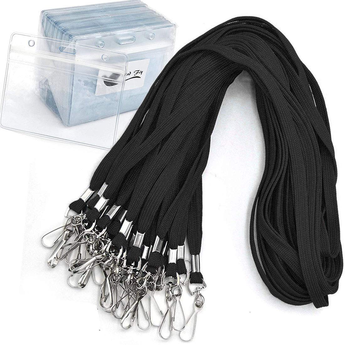 50 Pack Black Name Tags Lanyard Badge Holder Set - Woven Round Lanyard with Horizontal Waterproof Clear Plastic ID Card Sleeves for Work, Events & Conferences