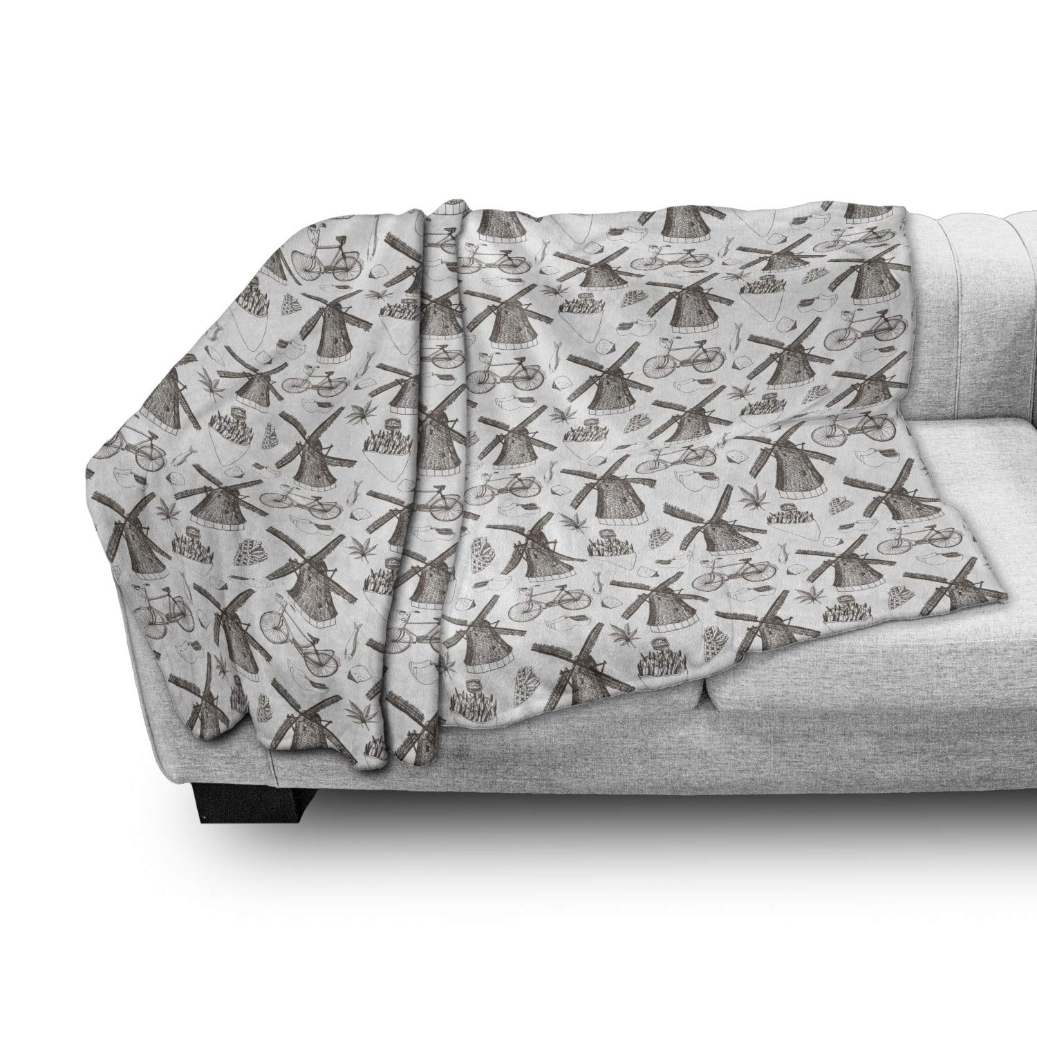 Ambesonne Dutch Windmill Tulip Throw Blanket - Traditional Netherlands Design with Hand Drawn Illustration - Soft Flannel Fleece Couch Cover for Adults - 50