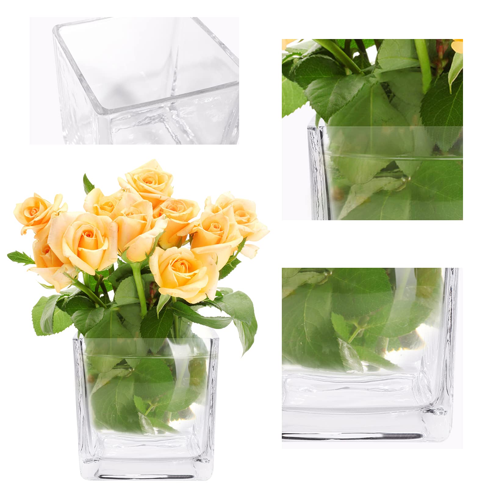 6-Pack 4x4 Inch Clear Square Glass Vases - Modern Cube Flower Vases with Sponge Brush, Elegant Candle Holders & Decorative Centerpieces for Home Decor, Wedding Reception, Party Events & Tabletop Displays