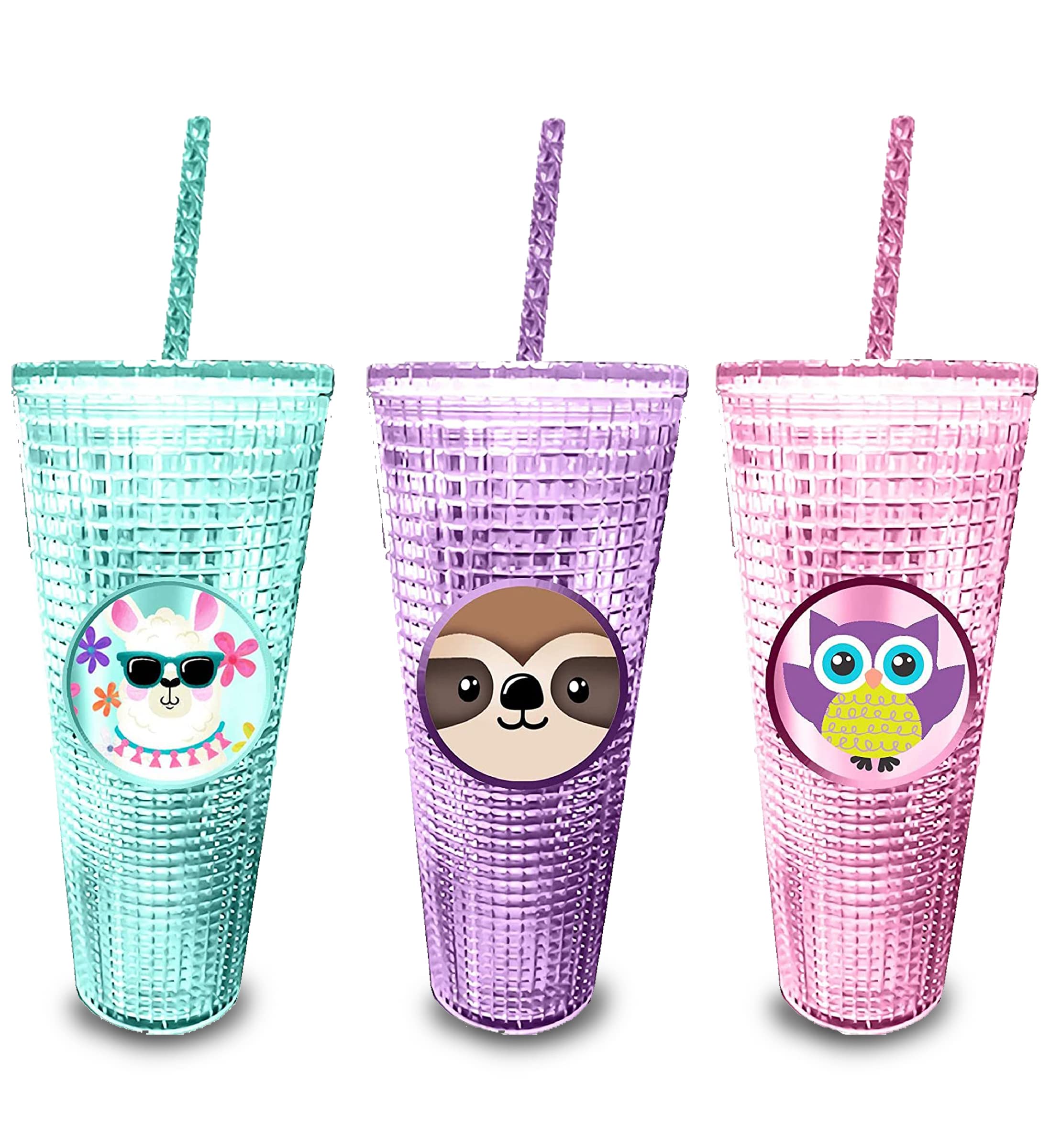 Mozlly 20oz Diamond Insulated Tumbler with Straw - Set of 3 Sloth, Llama, Owl Double Wall Acrylic Travel Mug for Hot & Cold Drinks - BPA-Free, Leak-Proof, Fits Most Cup Holders - Perfect for Coffee, Tea, Smoothies at Home, Office or Travel