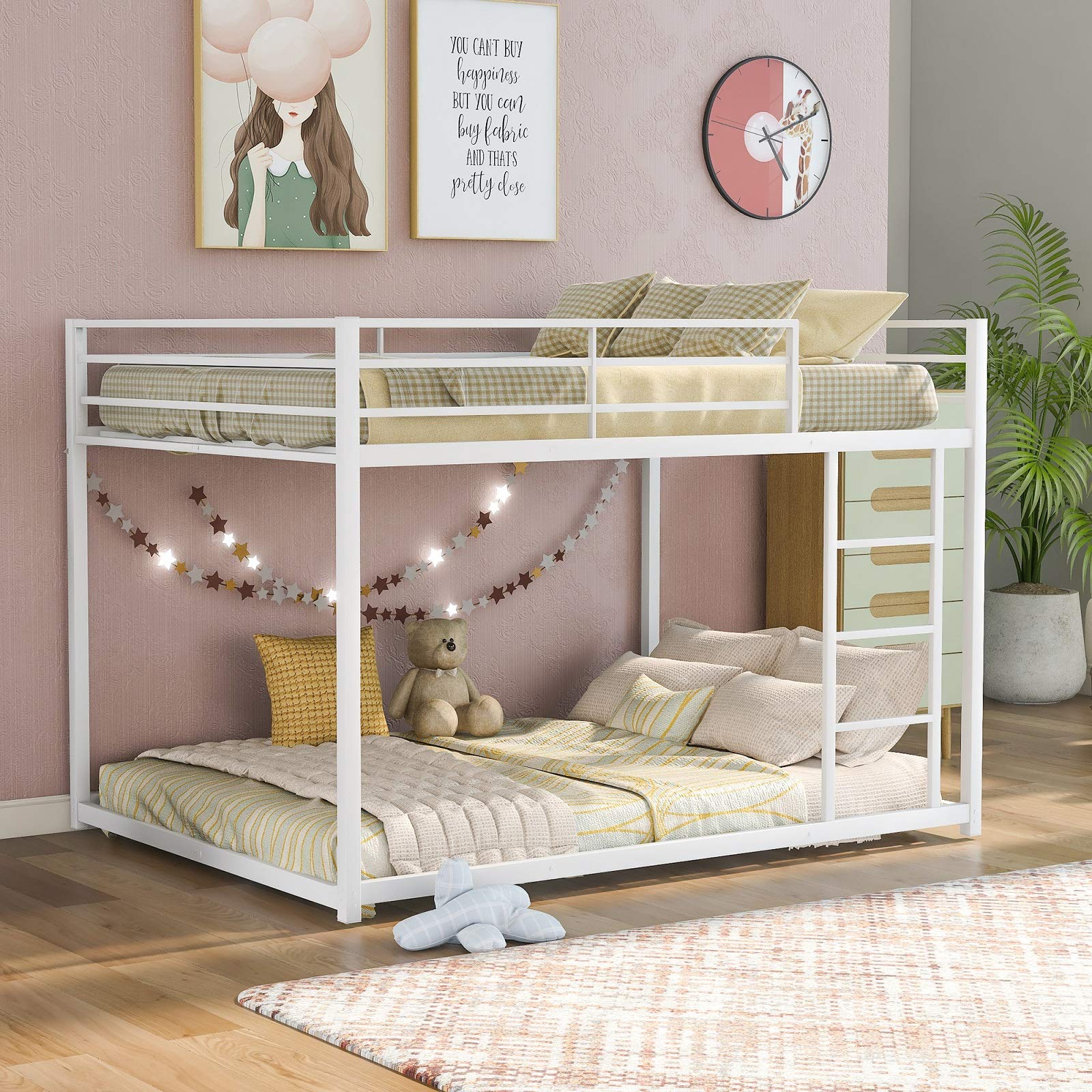 Danxee Low Bunk Bed with Ladder - Heavy Duty Metal Bunk Bed Frame with Safety Guard Rails & Flat Ladder for Kids, Teens & Adults - Full Over Full Size - Perfect for Small Spaces, Dorms, Guest Rooms & Kids' Bedrooms (White)