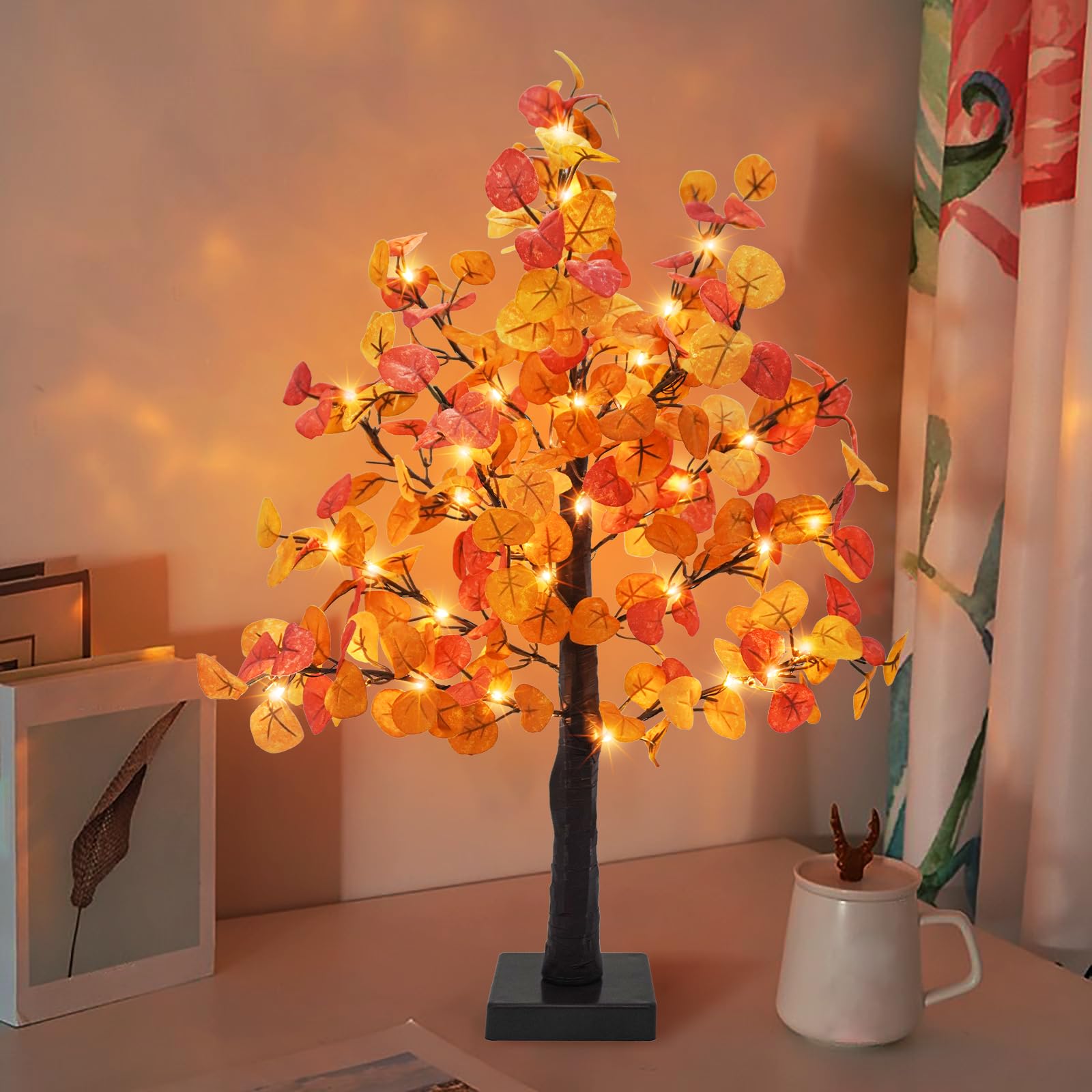 24 Inch Artificial Eucalyptus Tree with 55 LED Lights - Battery Operated Fall Decor with Timer for Home, Wedding, Thanksgiving | Indoor Tabletop Centerpiece for Autumn Harvest Decorations