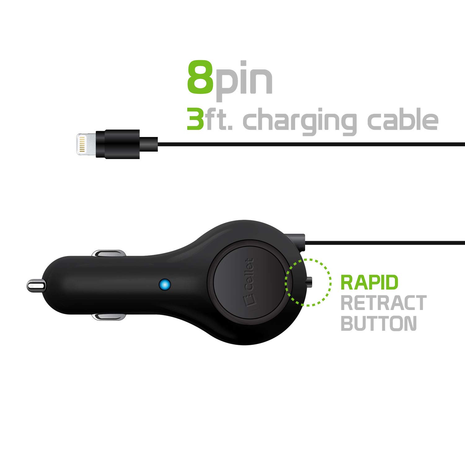 MFI Certified 10W Retractable iPhone Car Charger with Lightning Cable - Fast Charging for iPhone 14/13/12/11/X/8 & iPad - Perfect for Road Trips & Daily Commute