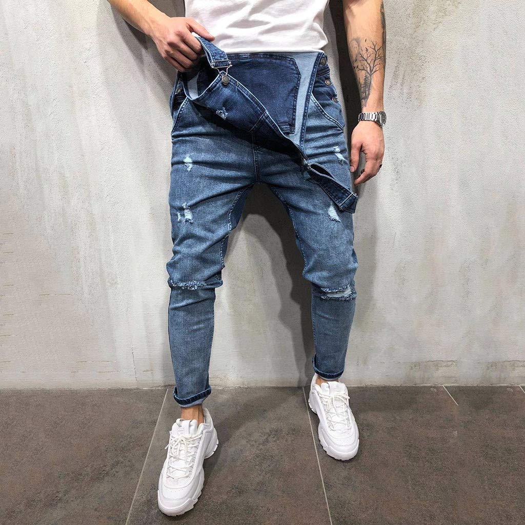 Men's Distressed Denim Overalls with Suspenders & Tie Band - Vintage Washed Jumpsuit Pants for Casual Wear & Work Outfits