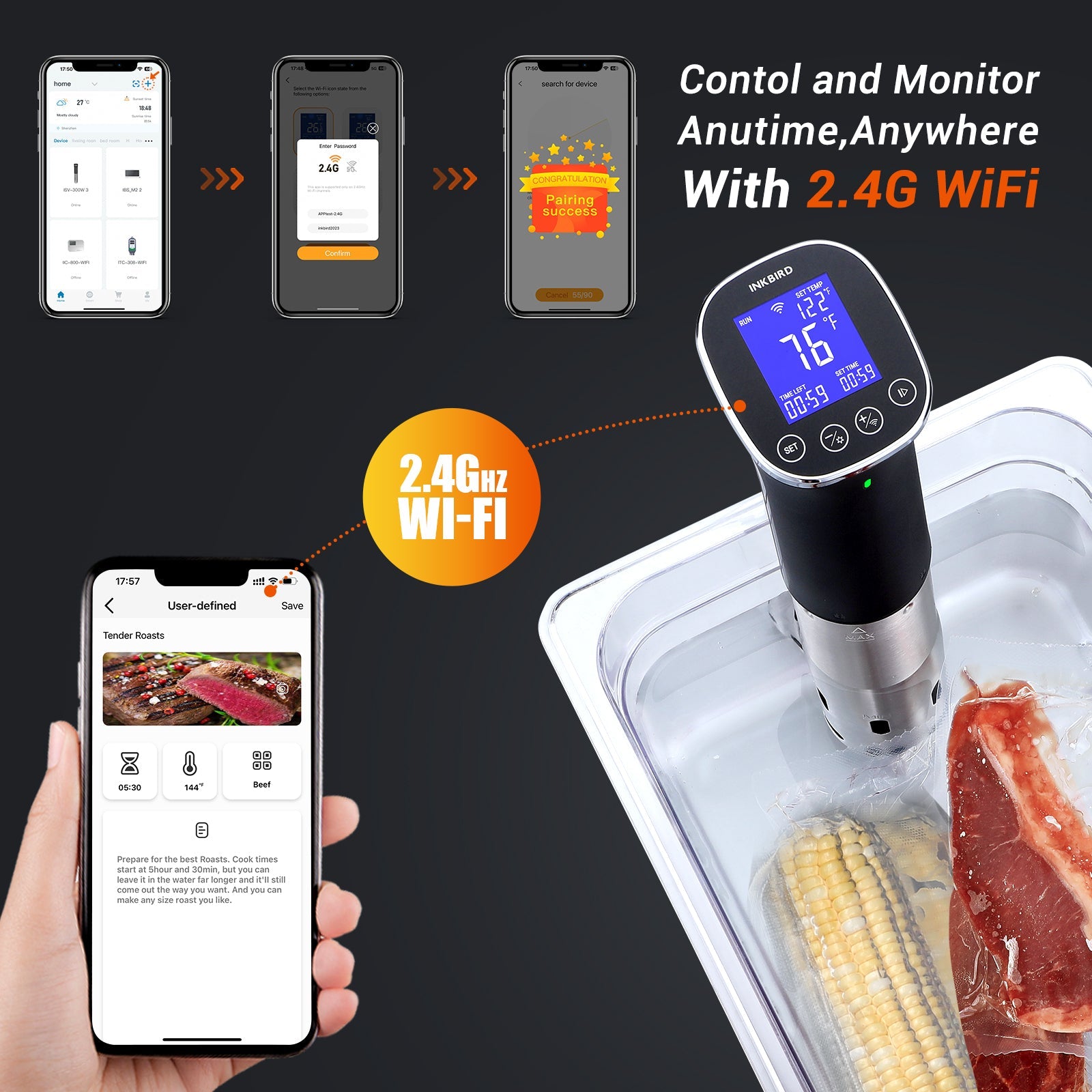 WiFi Sous Vide Cooker ISV 300W - Precision Temperature Control for Perfect Steaks, Chicken & Seafood | Smart App Control | Ideal for Home Chefs & Sous Vide Beginners | Great for Meal Prep & Gourmet Cooking