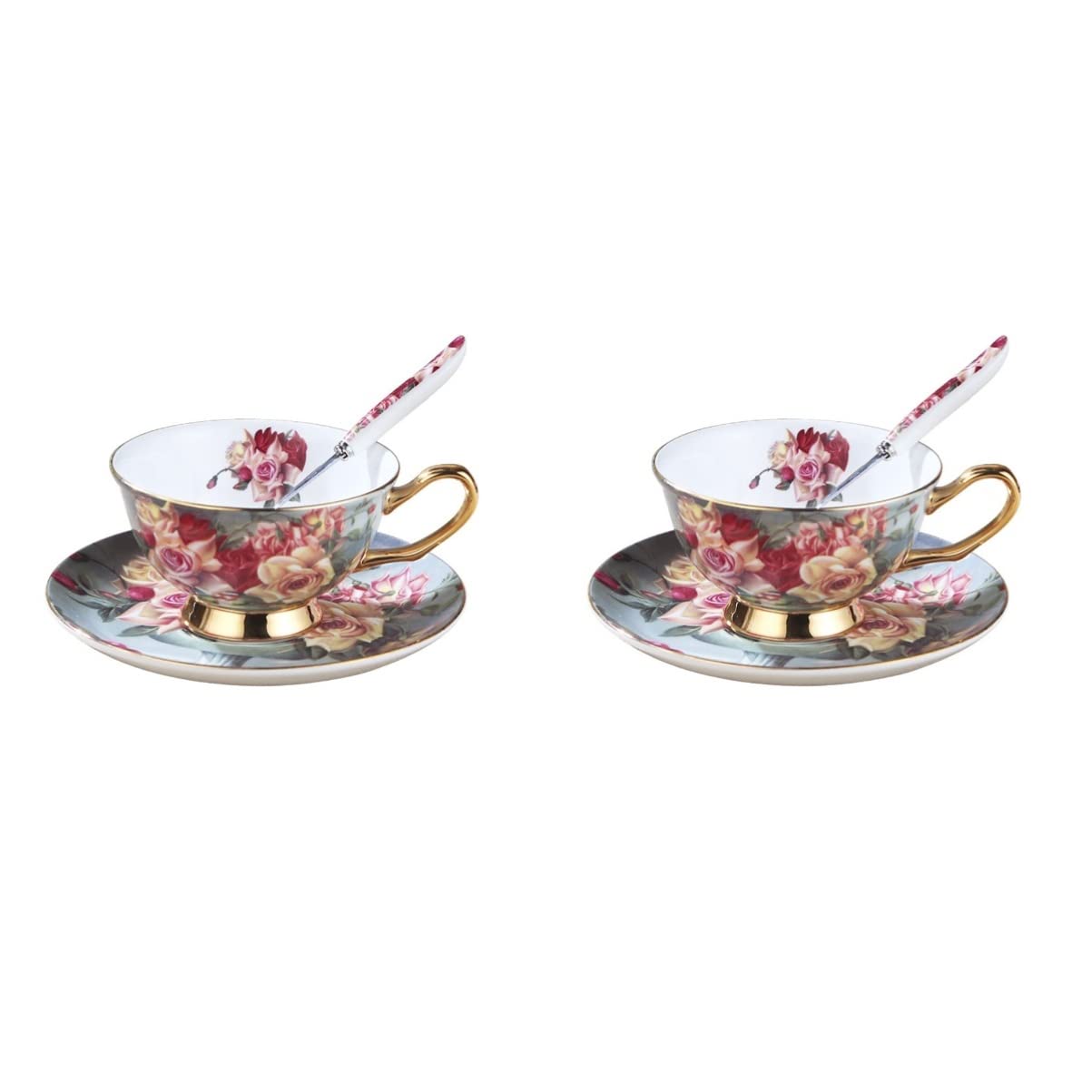 Luxshiny 2-Piece Ceramic Coffee Mug Set with Saucer and Spoon - Elegant Rose Design for Afternoon Tea, Coffee, or Hot Beverages - Perfect for Home, Office, or Gift Giving