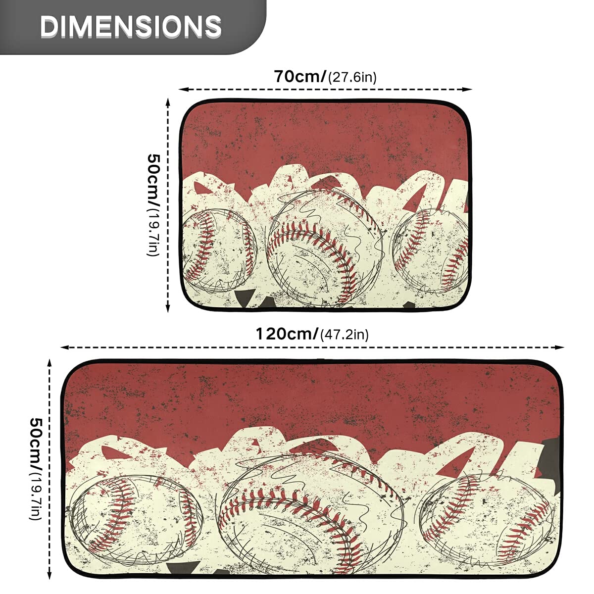 3-Piece Non-Slip Washable Baseball Kitchen Rugs and Mats Set, 2 Runner Rugs for Home, Kitchen, Laundry, and Bathroom Floor Decoration