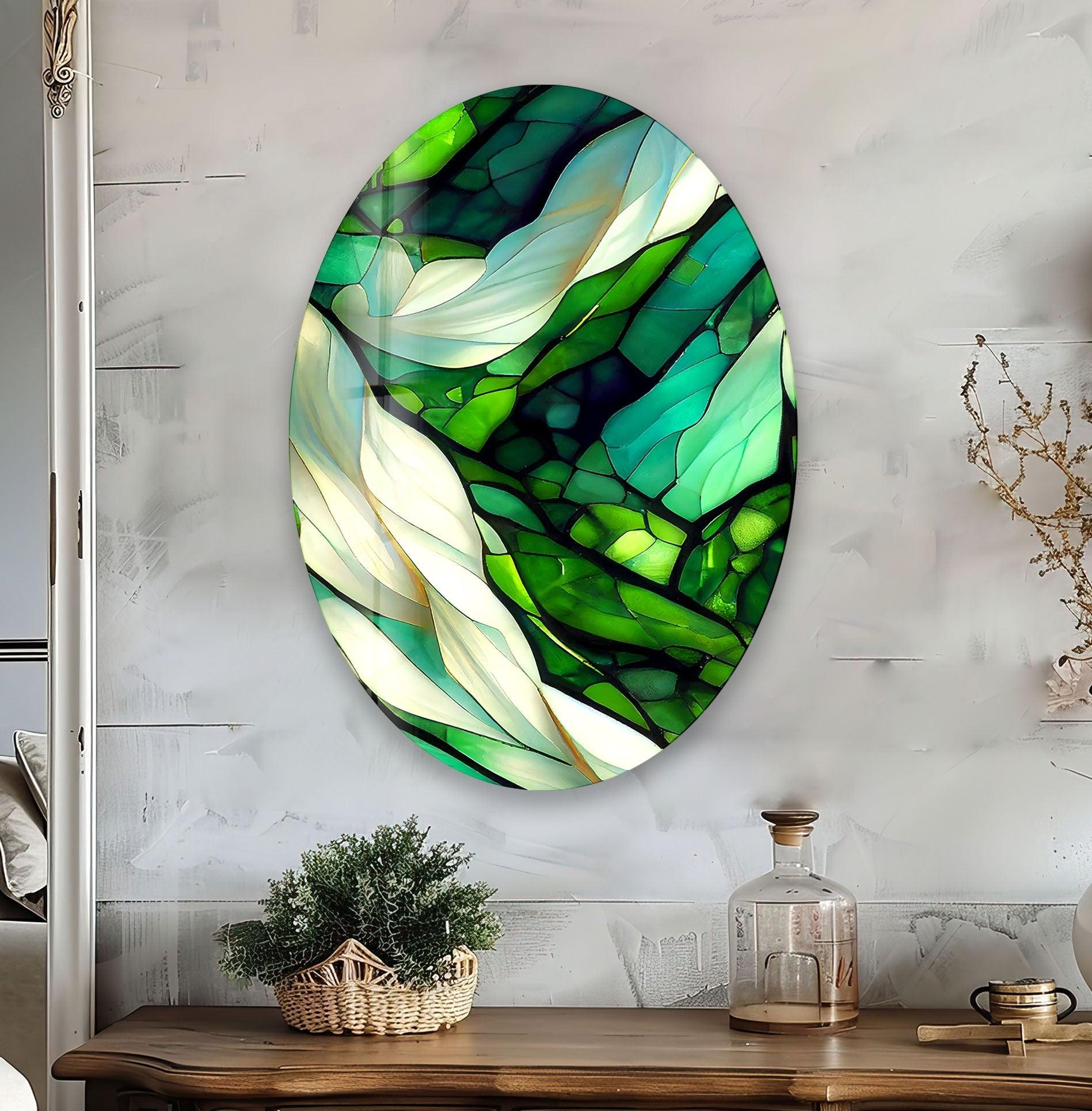 Handmade Asymmetric Oval Stained Green Fractal Glass Wall Art - Modern Abstract Home Decor for Living Room, Bedroom & Office
