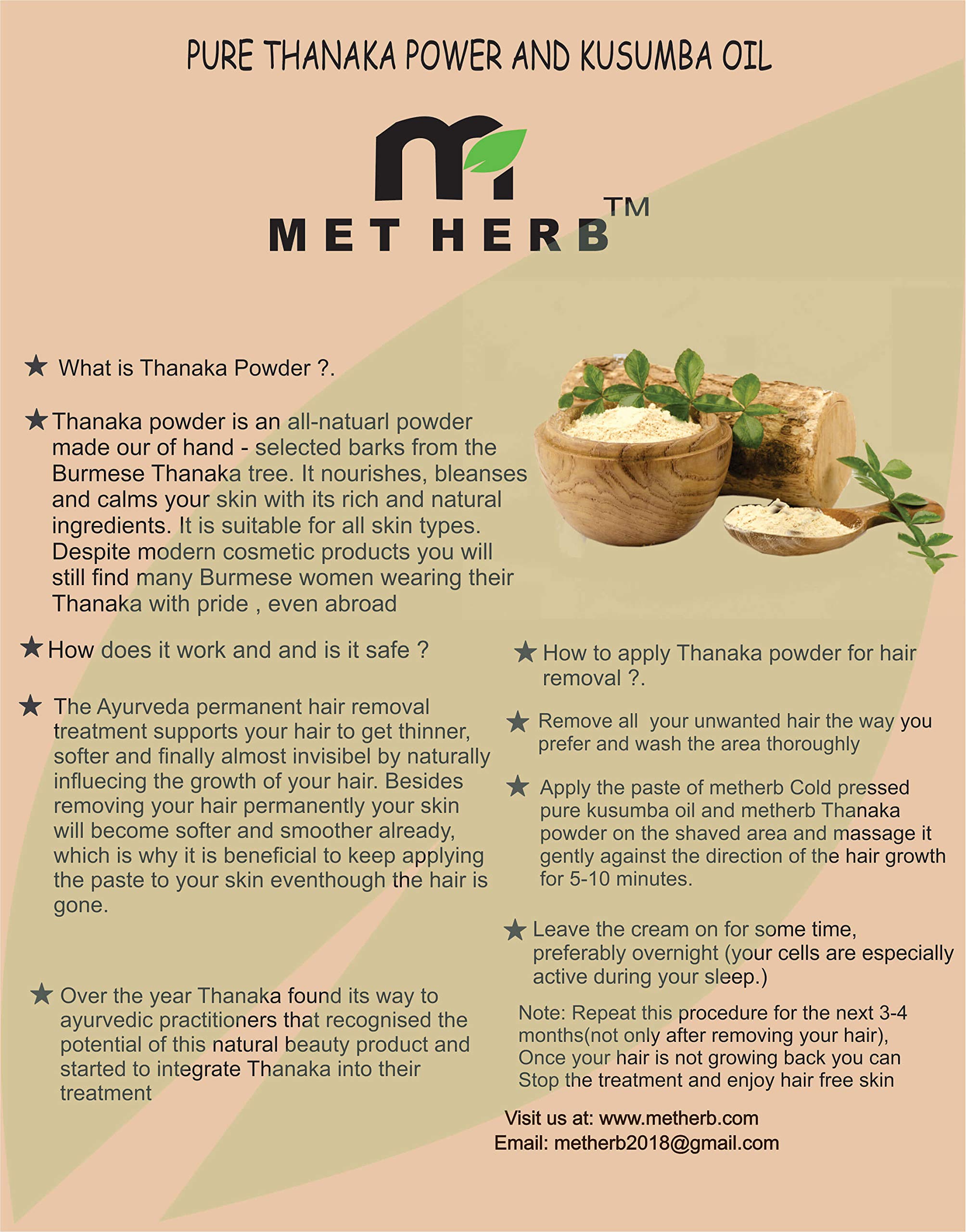 Organic Metherb Thanaka Powder 15g - Natural Hair Removal, Eco-Friendly Packaging | Safe for Face & Body, Gentle on Skin for Smooth Results - Perfect for Home Spa & DIY Beauty Treatments