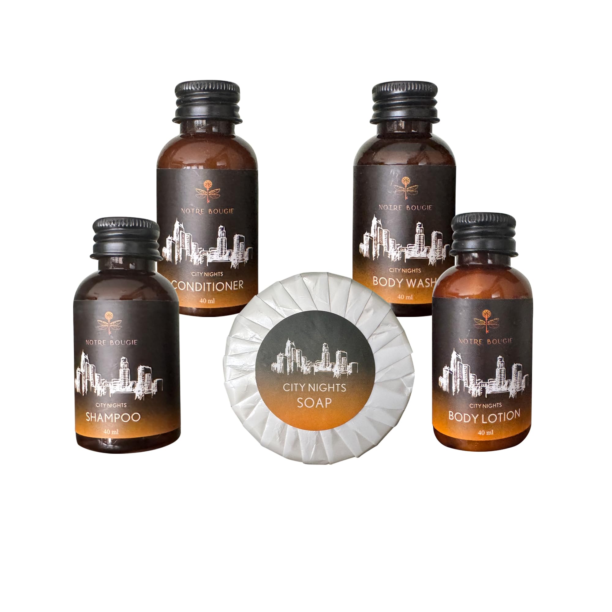 City Nights Travel Size Toiletries Bulk Set - 100 Pieces (20 Sets) | 1.35 oz Shampoo, Conditioner, Body Wash, Lotion & 1 oz Bar Soap | Luxury Hotel Amenities & Guest Essentials | Perfect for Hotels, Spas, Travel Kits & Gift Baskets