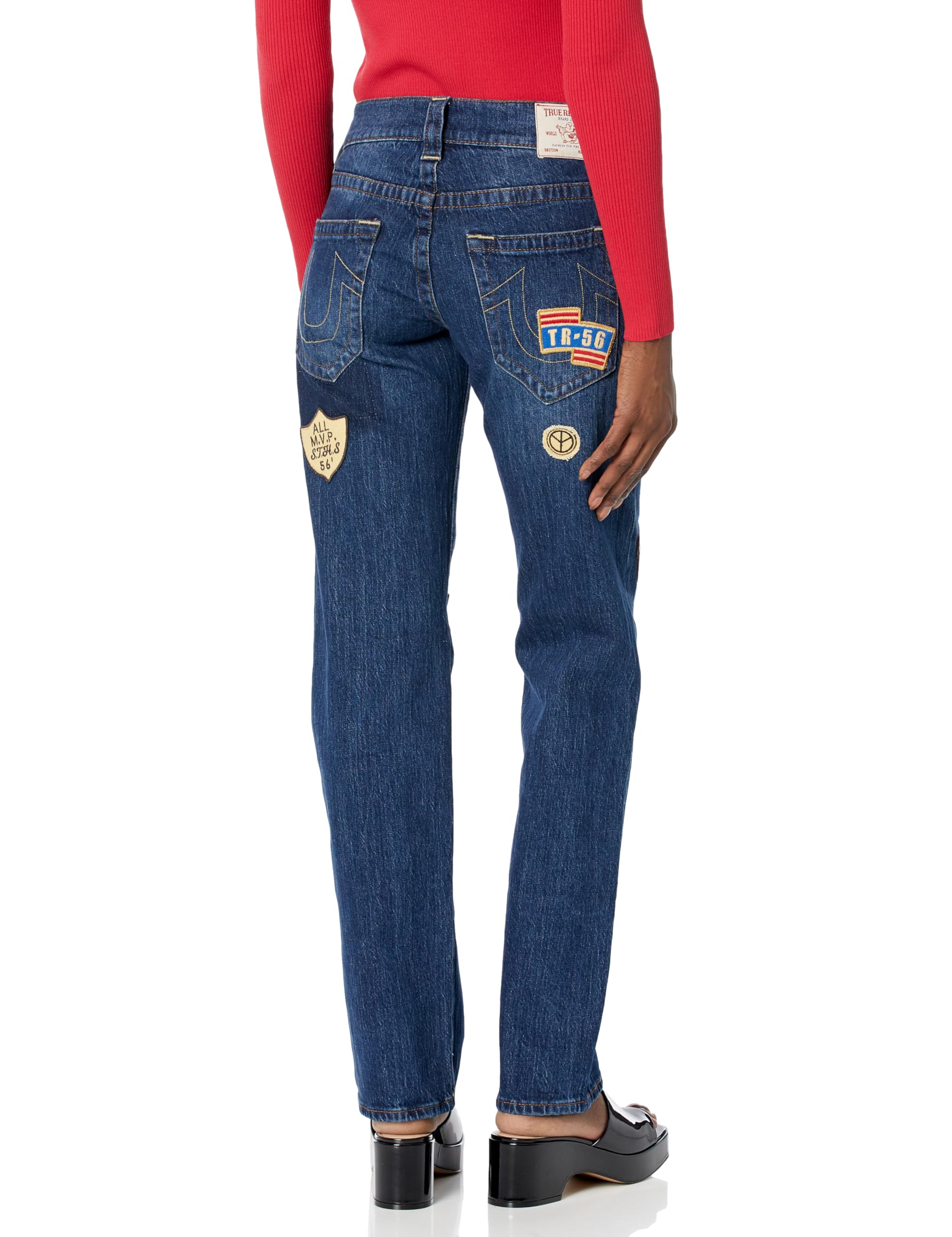 True Religion Women's Ricki Relaxed Straight Jeans with Patches - Stylish Denim Pants for Casual Wear, Work & Everyday Outfits