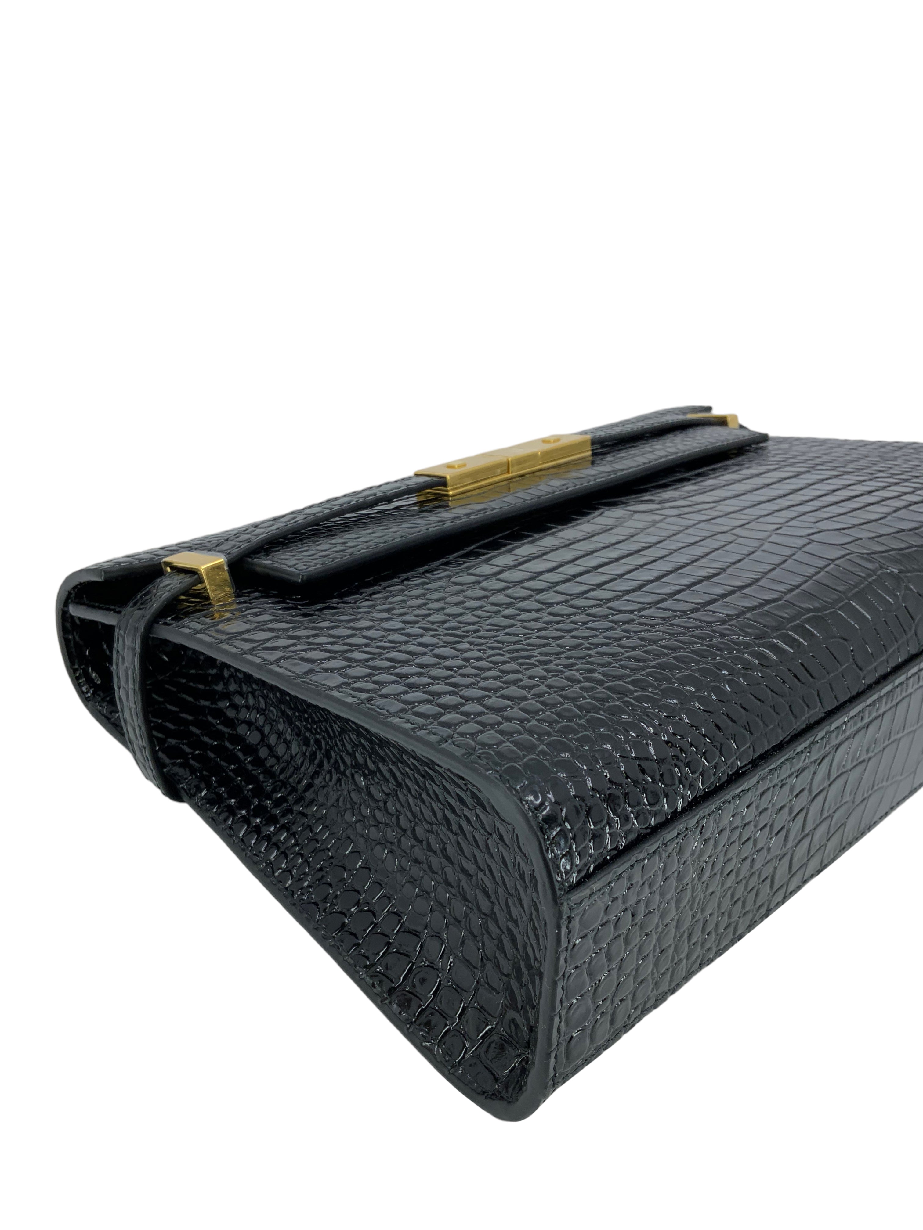 SAINT LAURENT Manhattan Crocodile Embossed Patent Leather Shoulder Bag for Women - Luxury Designer Handbag for Work, Travel & Evening Events