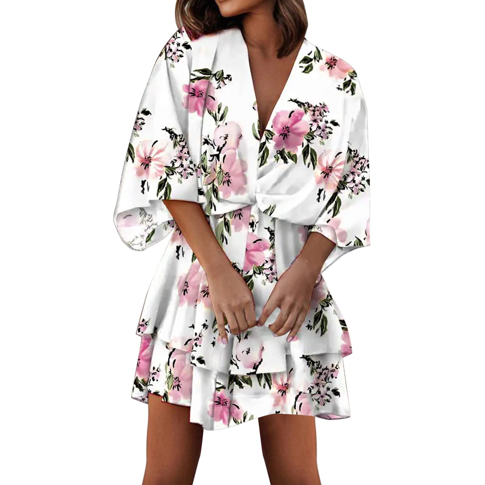 Women's Elegant Casual Short Dress with Knot Detail, Short Sleeve Tiered Ruffle Swing Dress - Perfect for Summer Outings, Beach Vacations & Date Nights