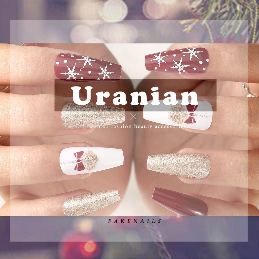 Uranian Christmas Press on Nails - 24pcs Long Coffin Fake Nails with Snowflake Stripes, Santa Claus & Elk Glitter Designs, Glossy Red French Tip Acrylic Nails for Women & Girls | Holiday Parties, Gift Giving, Festive Nail Art