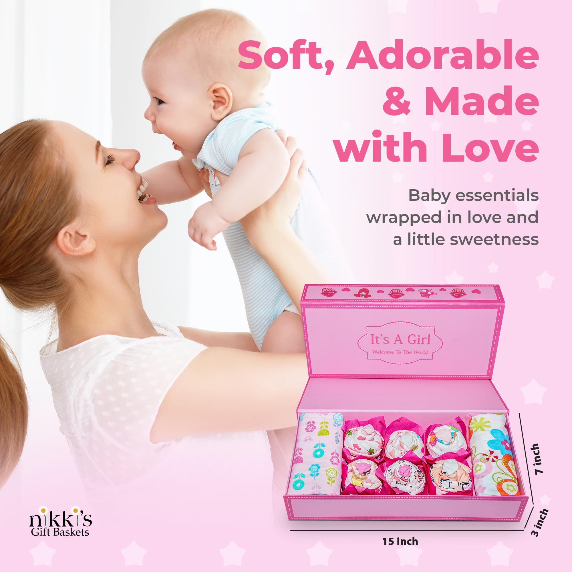 Adorable Pink Baby Girl Gift Set - Newborn Layette & Clothing for Expecting Moms | Perfect Baby Shower & Welcome Home Gift by Nikki’s Gift Baskets | Ideal for New Parents, First Birthday & Special Occasions