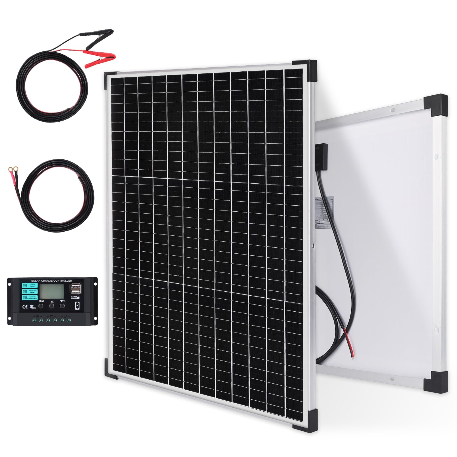 DYVIAHOME 50W 12V Monocrystalline Solar Panel Kit with 10A Charge Controller - Battery Maintainer for RV, Car, Boat - Includes Extension Cable & Battery Clips - Perfect for Off-Grid Camping, Rooftop & Outdoor Power Applications