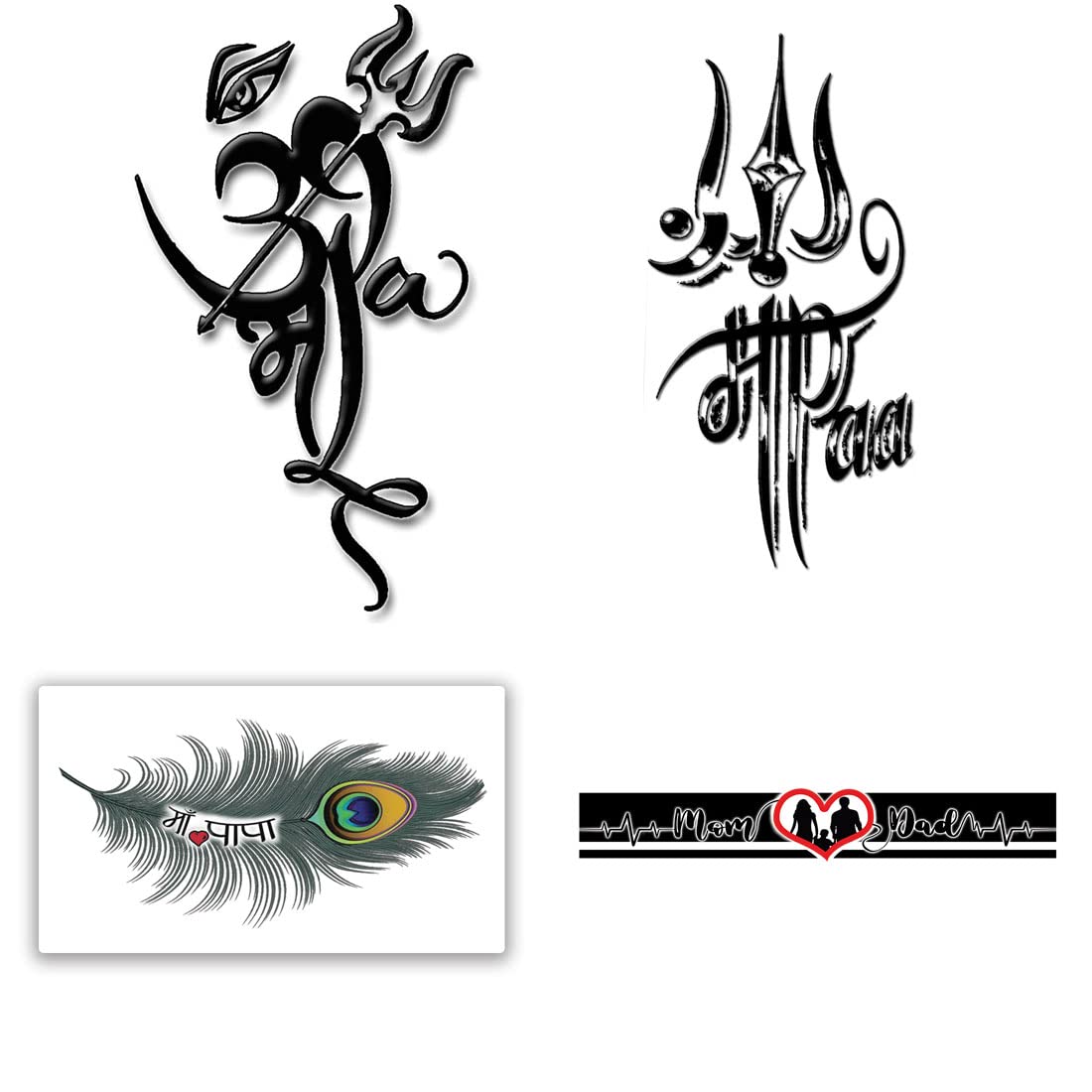 Om Trishul Temporary Tattoo Stickers - Pack of 4 Hindu Spiritual Designs (2x4 Inch) for Men & Women - Perfect for Festivals, Yoga, and Spiritual Events