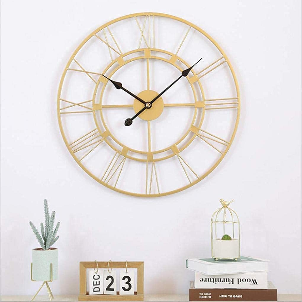 Large 16 Inch (40cm) Roman Numeral Wall Clock - Golden Wrought Iron Open Face Design for Outdoor Garden & Indoor Decor | Weather-Resistant Metal Clock for Patio, Living Room, or Office
