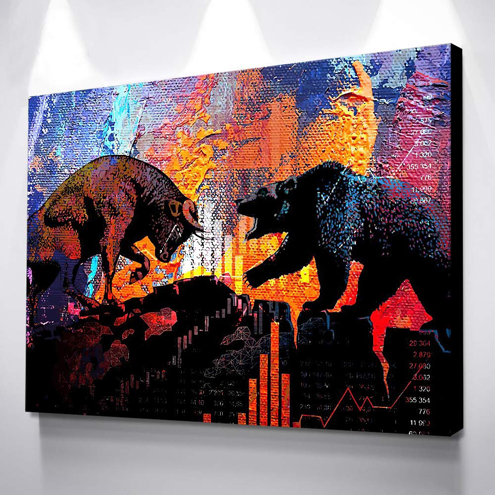 Bull vs Bear Graffiti Wall Art - Abstract Pop Art Poster for Boys Room, Living Room Decor - Framed Canvas Picture 24x36 Inches - Perfect for Teen Bedroom, Game Room & Man Cave Wall Decor