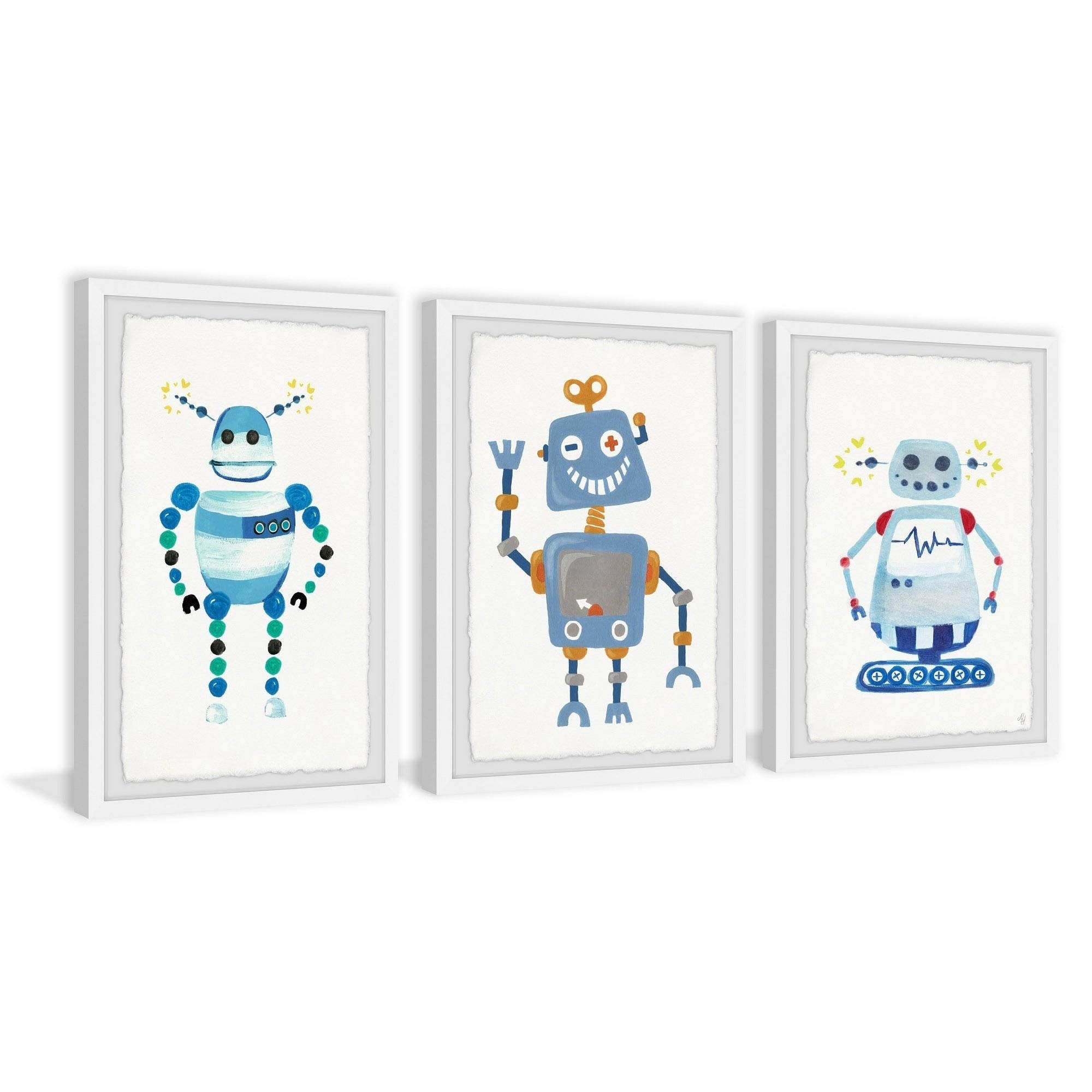 Handmade Happy Robot Triptych Wall Art - Multi-Color Canvas Painting 60x30 Inches - Modern Abstract Decor for Living Room, Bedroom & Office