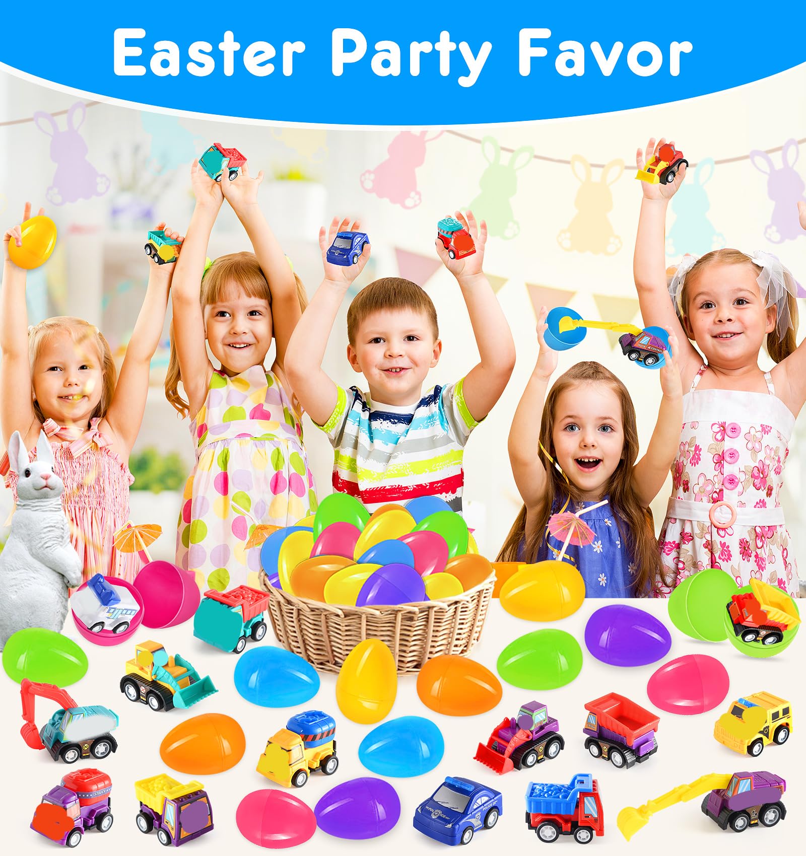 24 Pack Prefilled Easter Eggs with Pull Back Construction Vehicle Toys Inside - Easter Basket Stuffers for Toddlers, Kids, Boys & Girls - Perfect for Easter Egg Hunts, Party Favors & Gift Fillers