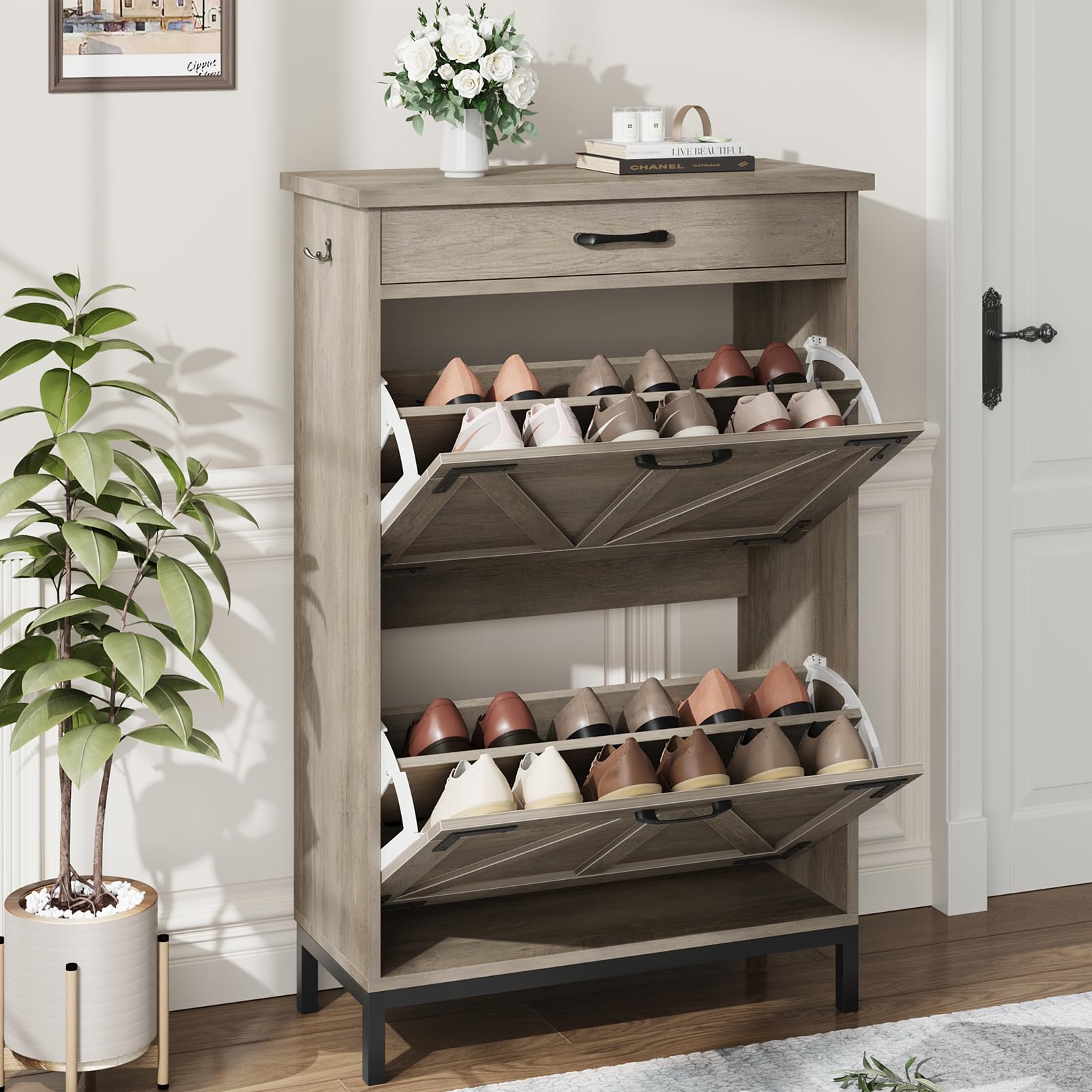 Farmhouse Narrow Shoe Cabinet with 2 Flip Drawers - Free Standing Hidden Shoe Storage Organizer for Entryway, Foyer, Hallway - Space Saving Grey Shoe Rack | Perfect for Small Apartments, Closet Organization & Mudroom Storage