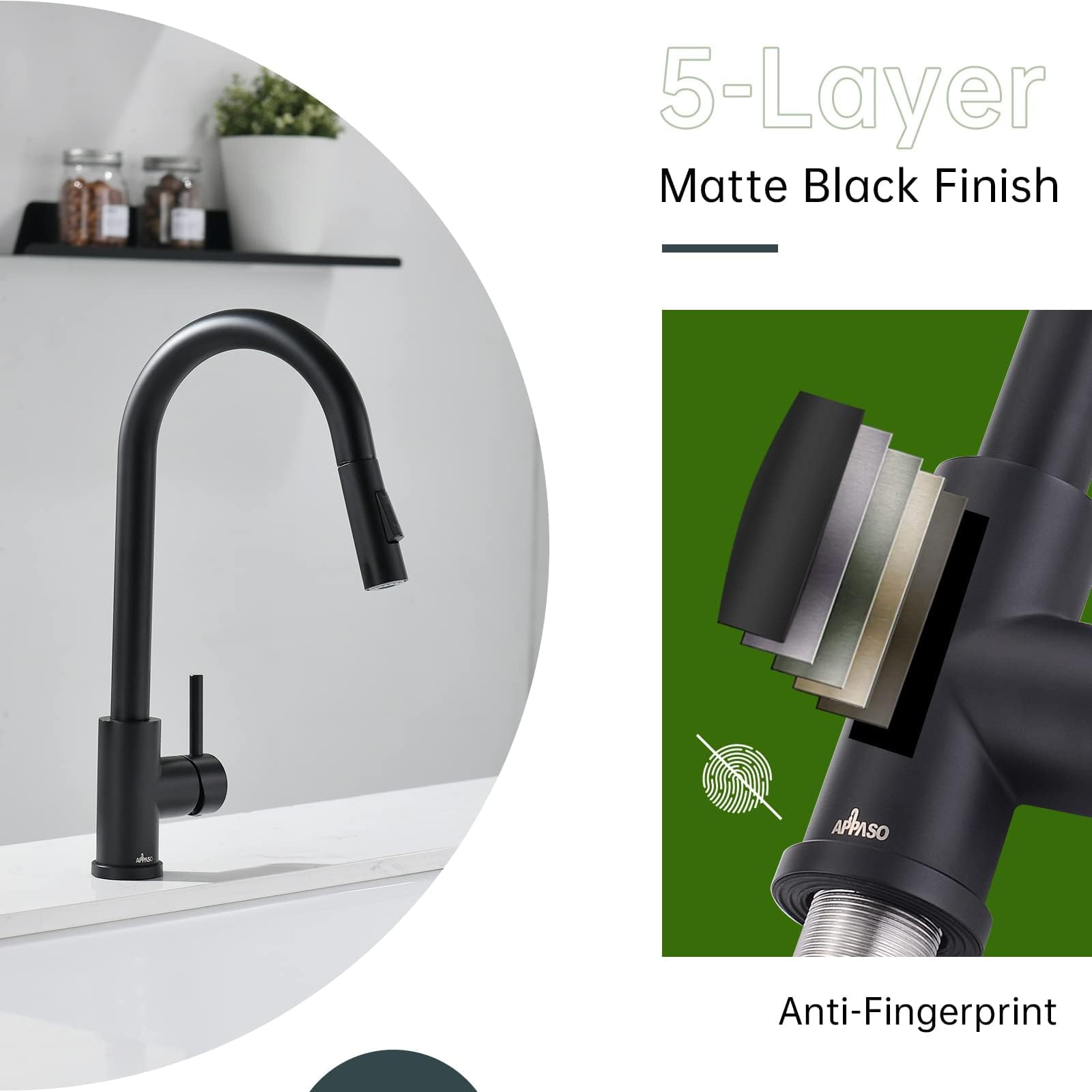 APPASO Matte Black Kitchen Faucet with Pull Down Sprayer & Soap Dispenser - 2-Mode High Arc Commercial Grade Stainless Steel Sink Faucet for RV, Bar, Farmhouse & Modern Kitchens - Perfect for Cooking, Washing Dishes & Food Prep