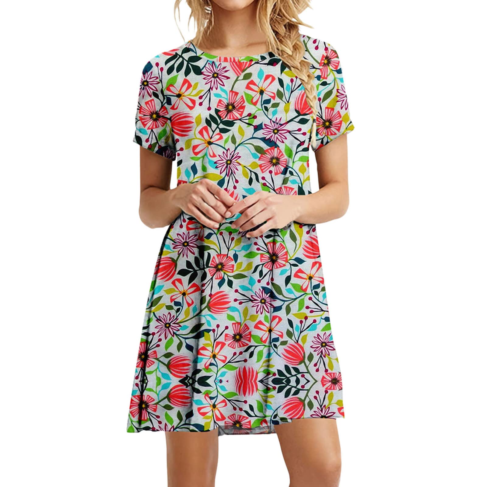 KKJJ Women's Spring & Summer Casual T-Shirt Dress - Short Sleeve Boho O-Neck Flowy Dress for 2022 | Perfect for Beach Vacations, Date Nights & Summer Outings