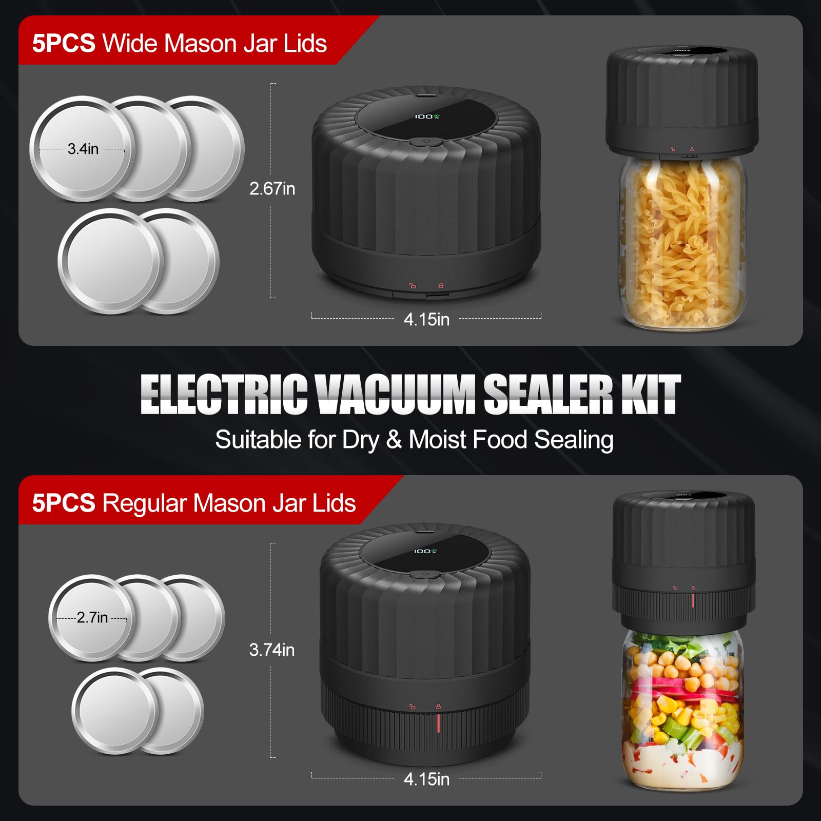 2025 Newest Electric Mason Jar Vacuum Sealer Kit - Wide & Regular Mouth Canning Jar Lids - Perfect for Food Storage, Meal Prep & Home Preserving