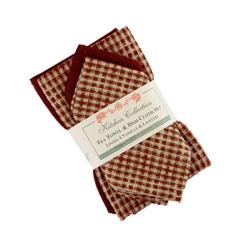 Premium 2 Tea Towels and 2 Dish Cloths Set - Berryvine Burgundy Cotton Kitchen Towels for Drying Dishes, Cleaning Countertops & Decorating Your Home