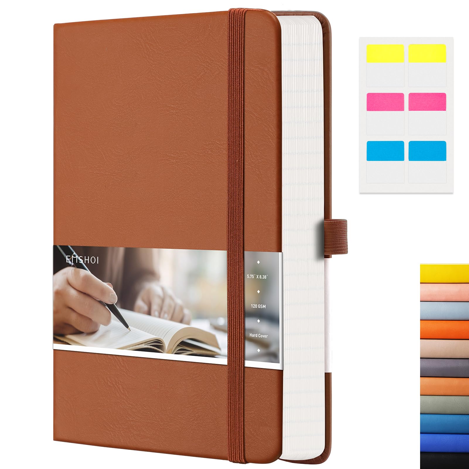 EMSHOI Premium Leather Journal Notebook - 120gsm Thick Paper, 256 Numbered Pages, A5 Hardcover with Sticky Notes - College Ruled Writing Notebook for Work, School & Personal Journaling (5.75