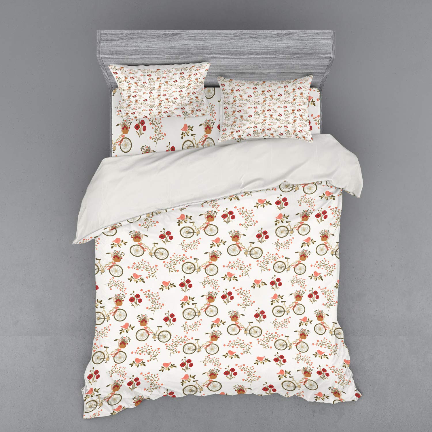 Ambesonne Floral Bedding Set 4-Piece Queen Size - Vintage Bike & Poppy Flowers Design, Duvet Cover with Shams & Fitted Sheet, Multicolor Bohemian Style - Perfect for Spring Bedroom Decor & Romantic Home Styling