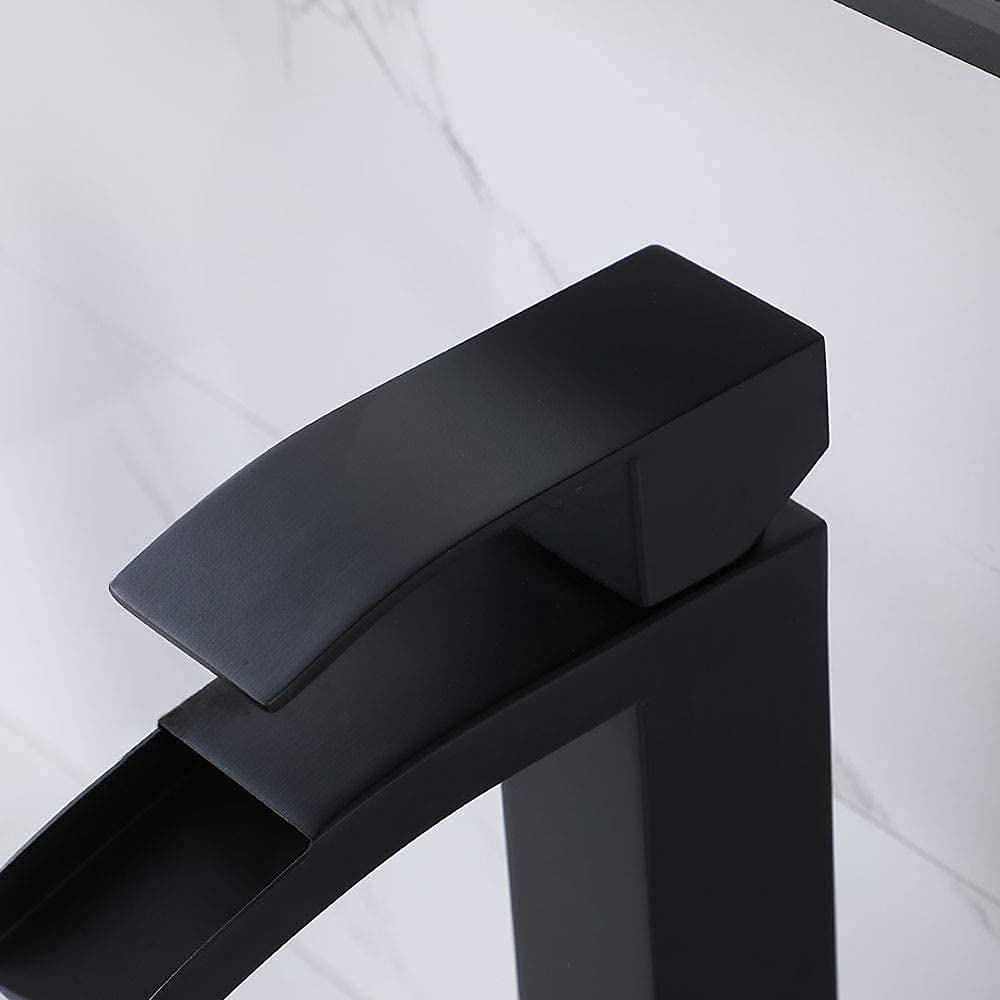 Black Single Handle Waterfall Vessel Sink Faucet with Pop-Up Drain - Tall RV Bathroom Faucet for Vanity Sink, Includes Two 3/8