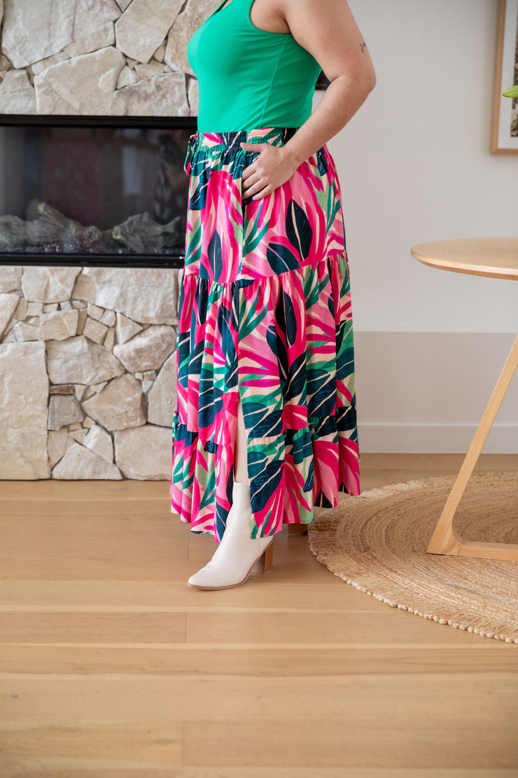 Carrie Skirt in Jungle Pink - Women's Floral A-Line Midi Skirt with Pockets | Perfect for Spring Outfits, Office Wear & Casual Dates