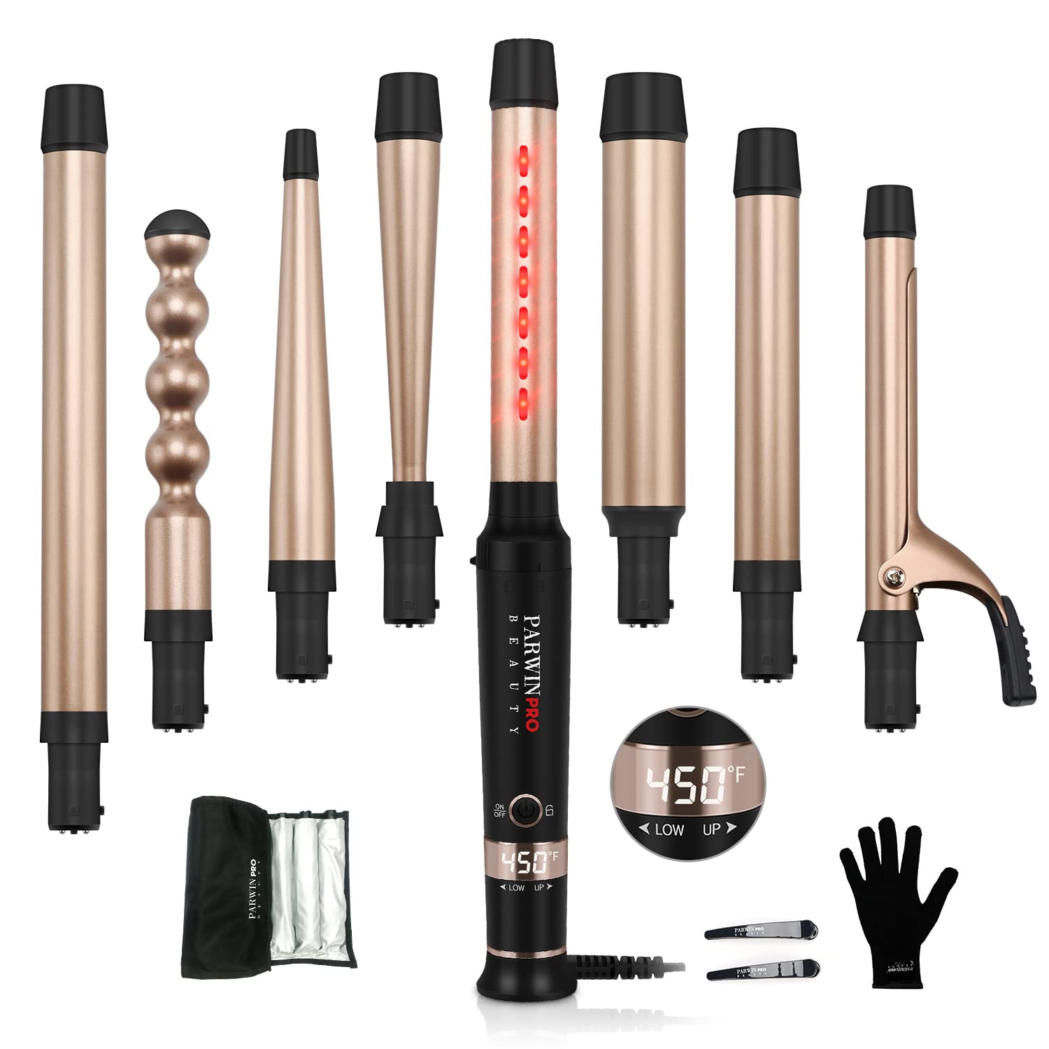8-in-1 Infrared Ceramic Curling Iron Set with Interchangeable Barrels - Professional Hair Curler Wand for Long & Short Hair - LED Temperature Control, Heat Resistant Glove & Hair Clips Included - Perfect for Salon Styling, Home Use & Special Occasions