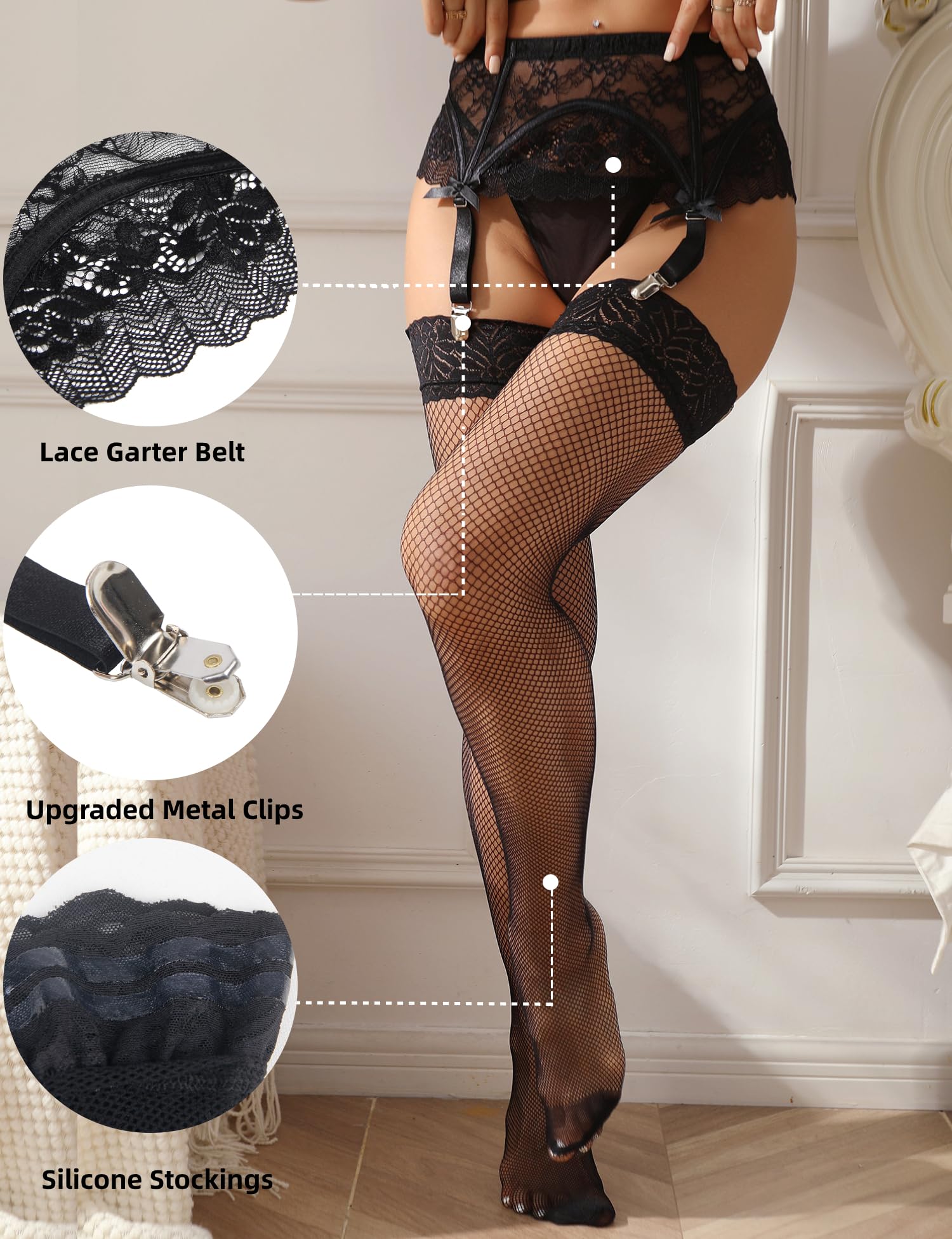 Ohmydear Plus Size Eyelash Lace Stockings & Garter Belt Set - 4 Adjustable Straps, Thigh High Stockings, Sexy Lingerie for Women UK 8-22 - Perfect for Valentine's Day, Bridal Shower & Romantic Nights