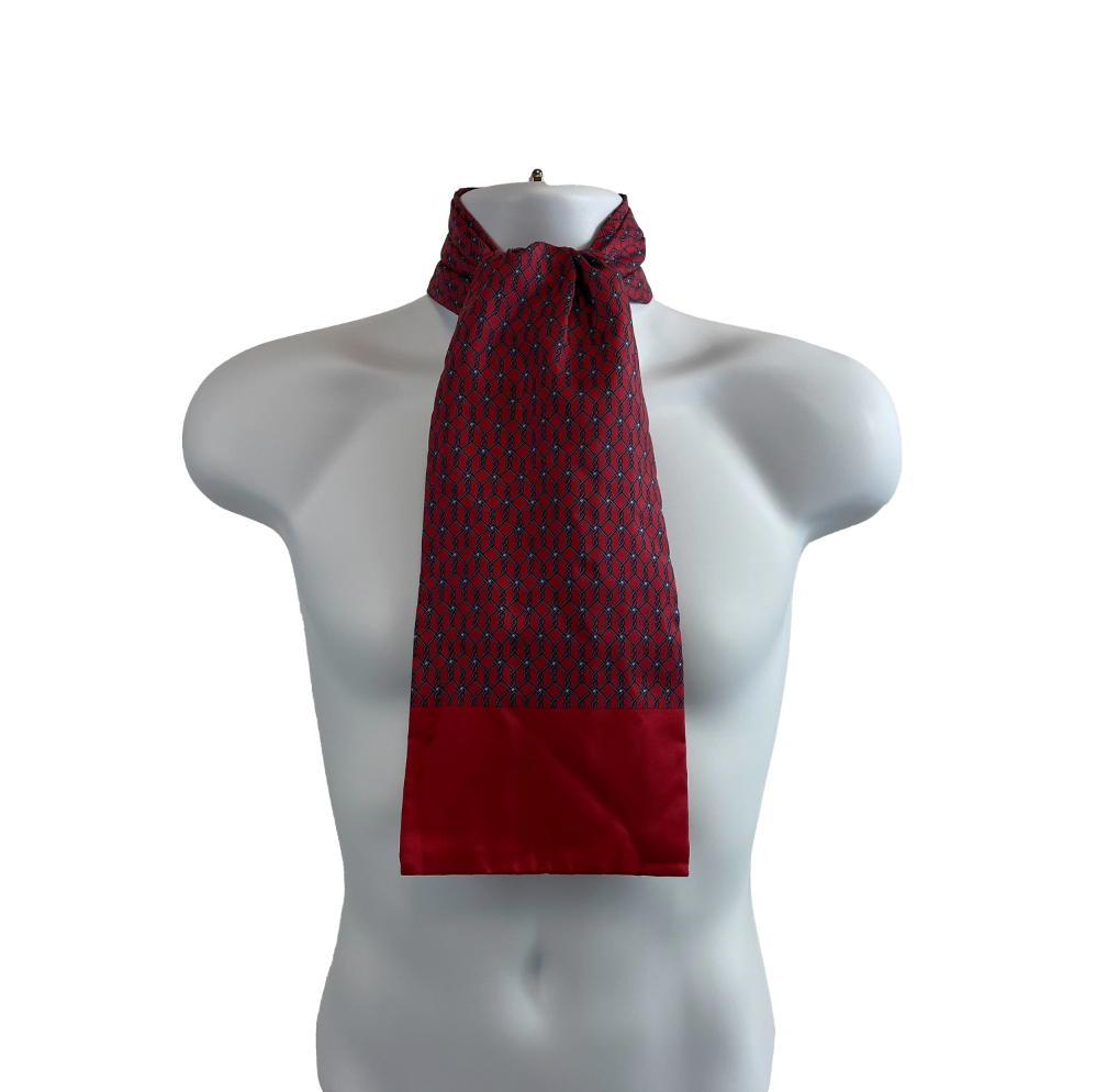 Hermes Burgundy Blue Chainlink Ascot Cravat - Luxury Silk Necktie for Men - Perfect for Weddings, Business Meetings & Formal Events