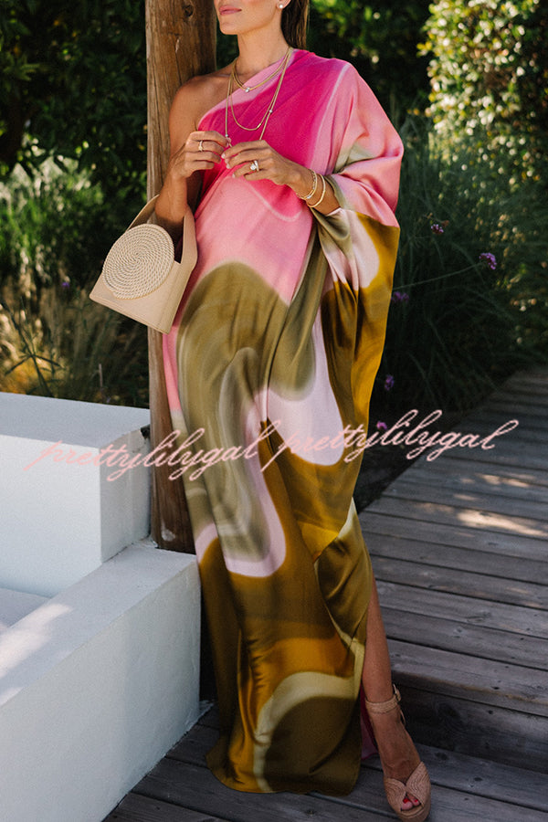 Stylish Satin Tie-Dye One Shoulder Maxi Dress for Women - Summer Vacation & Beach Party Outfit