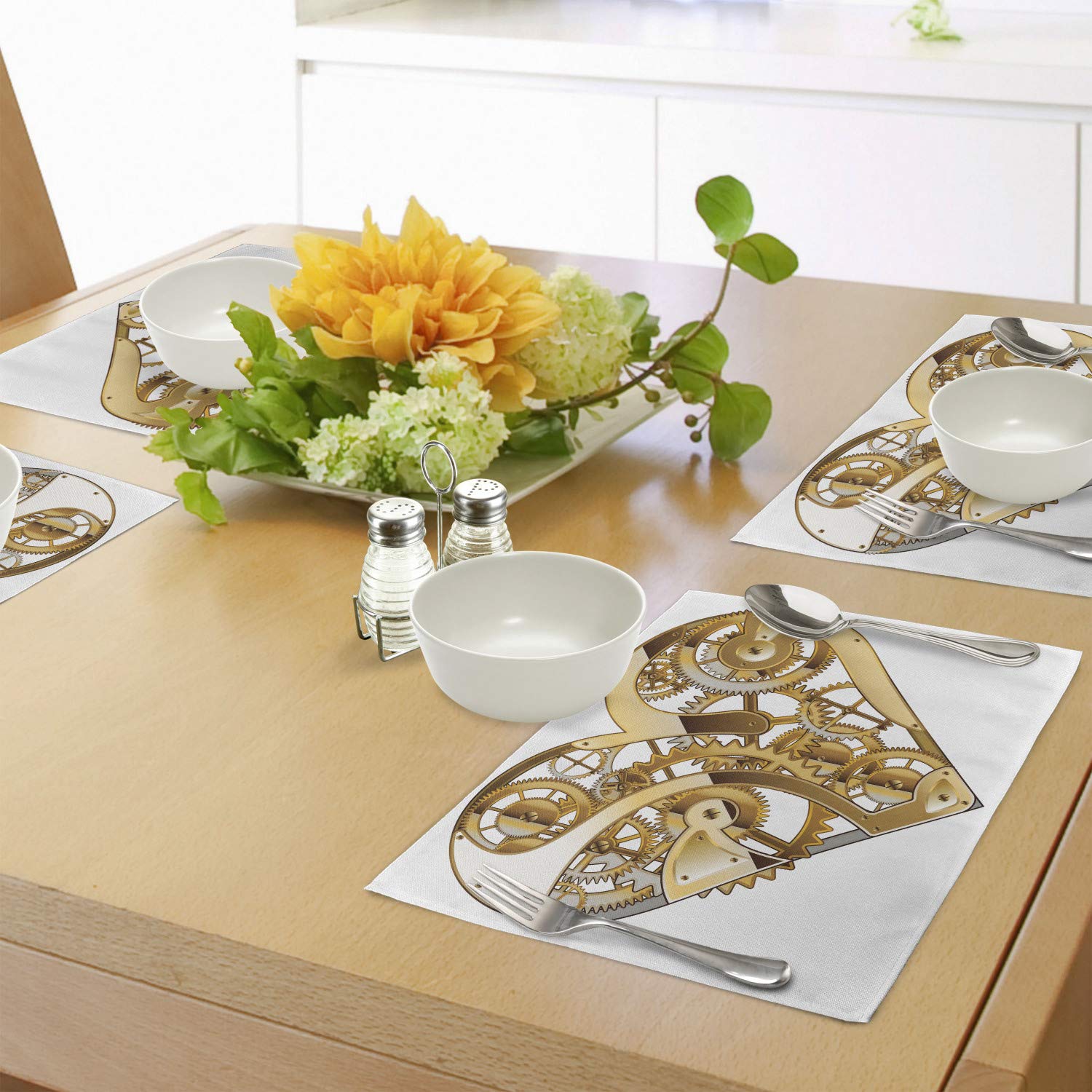 Ambesonne Industrial Placemats Set of 4 - Mechanic Heart Physical Bodies Complex Structure Love Techno Romance Design - Washable Fabric Table Mats for Dining Room & Kitchen Decor in Pale Brown & White - Perfect for Dinner Parties, Family Gatherings & Home Decor