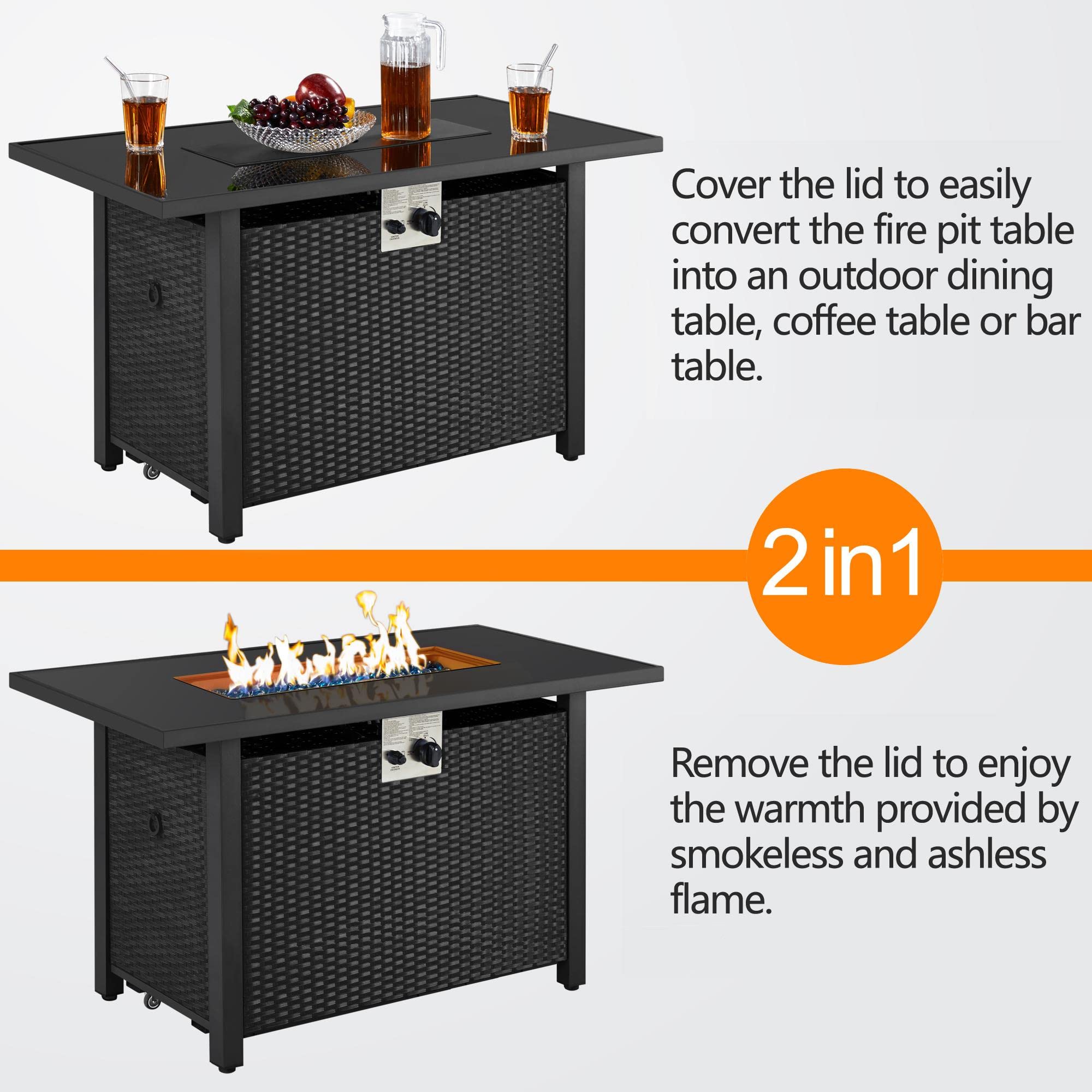 Topeakmart 43 Inch Outdoor Propane Fire Pit Table - 50,000 BTU Gas Fire Pit with Tempered Glass Top & Rattan Wicker Base - Includes Fire Glass Stones - Perfect for Patio, Garden, Backyard, Deck & Outdoor Parties - 2-in-1 Heating & Entertainment Solution