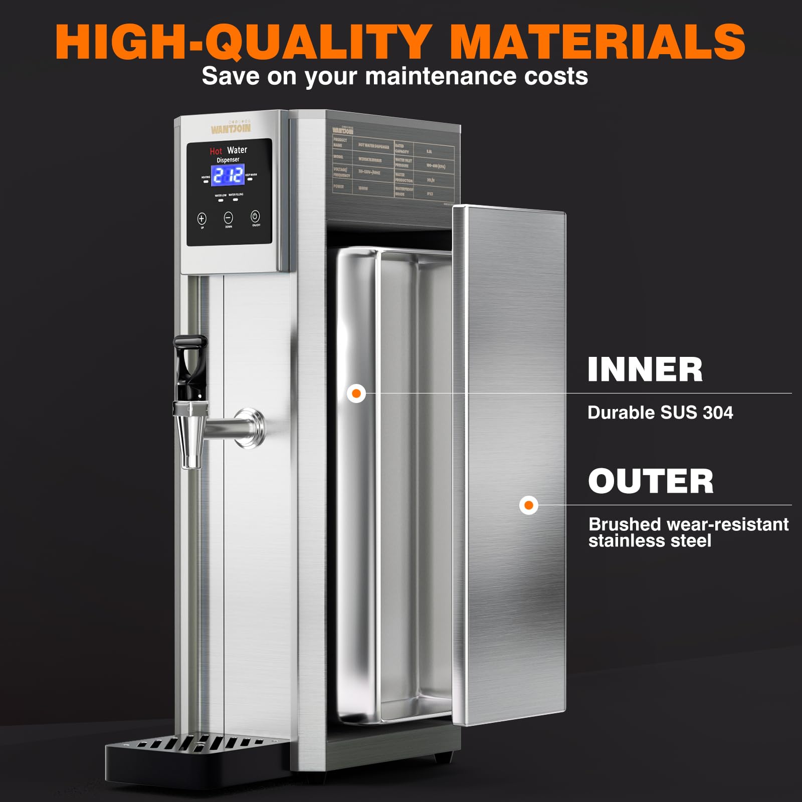 WantJoin Commercial Hot Water Dispenser 20L (5.2GAL) per Hour - Electric Countertop Water Boiler with Step Heating & Auto Temperature Control (32°F-212°F) - 1800W for Boba Tea, Coffee Shops, Offices & Restaurants - Perfect for Brewing, Food Service & High-Demand Environments