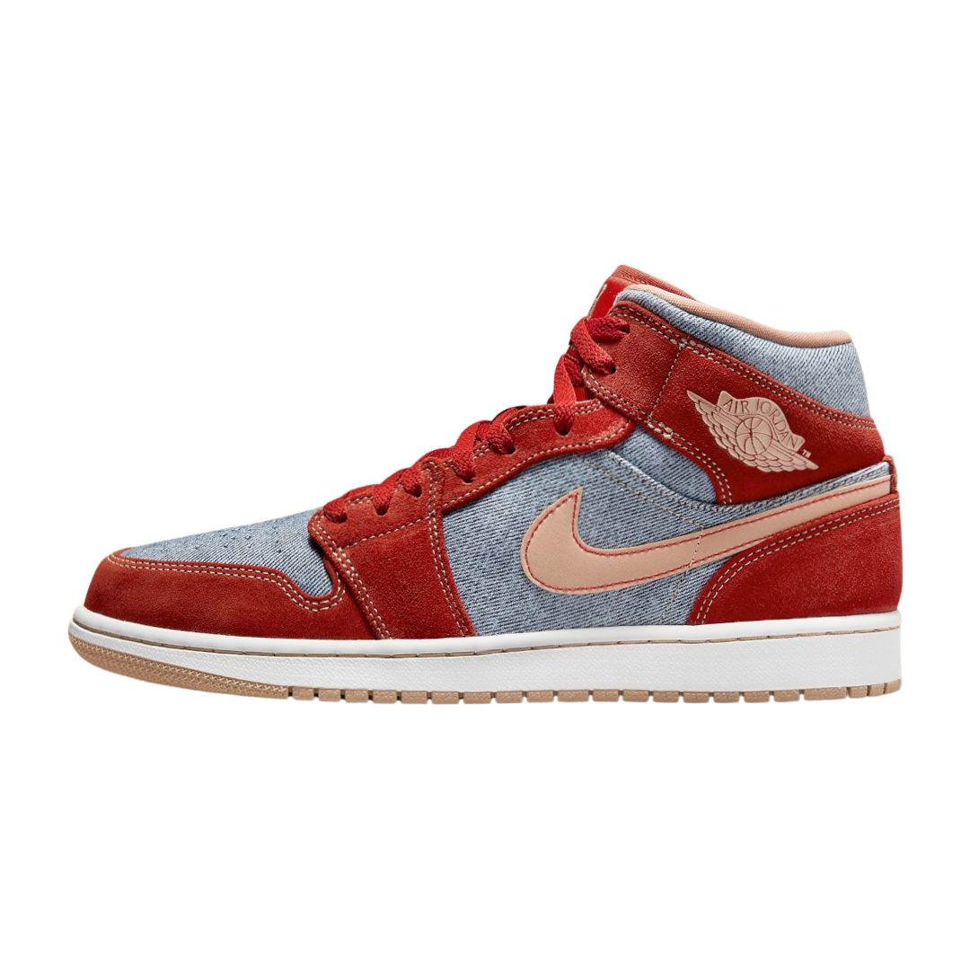 Air Jordan 1 Mid SE Denim Red Sneakers - Men's Basketball Shoes for Casual Wear & Street Style Fashion