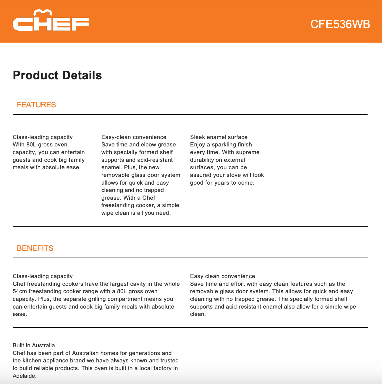 Chef CFE536WB 54cm Freestanding Electric Oven and Stove Combo - Energy Efficient Kitchen Appliance for Baking, Roasting & Cooking | Perfect for Home Chefs & Small Families
