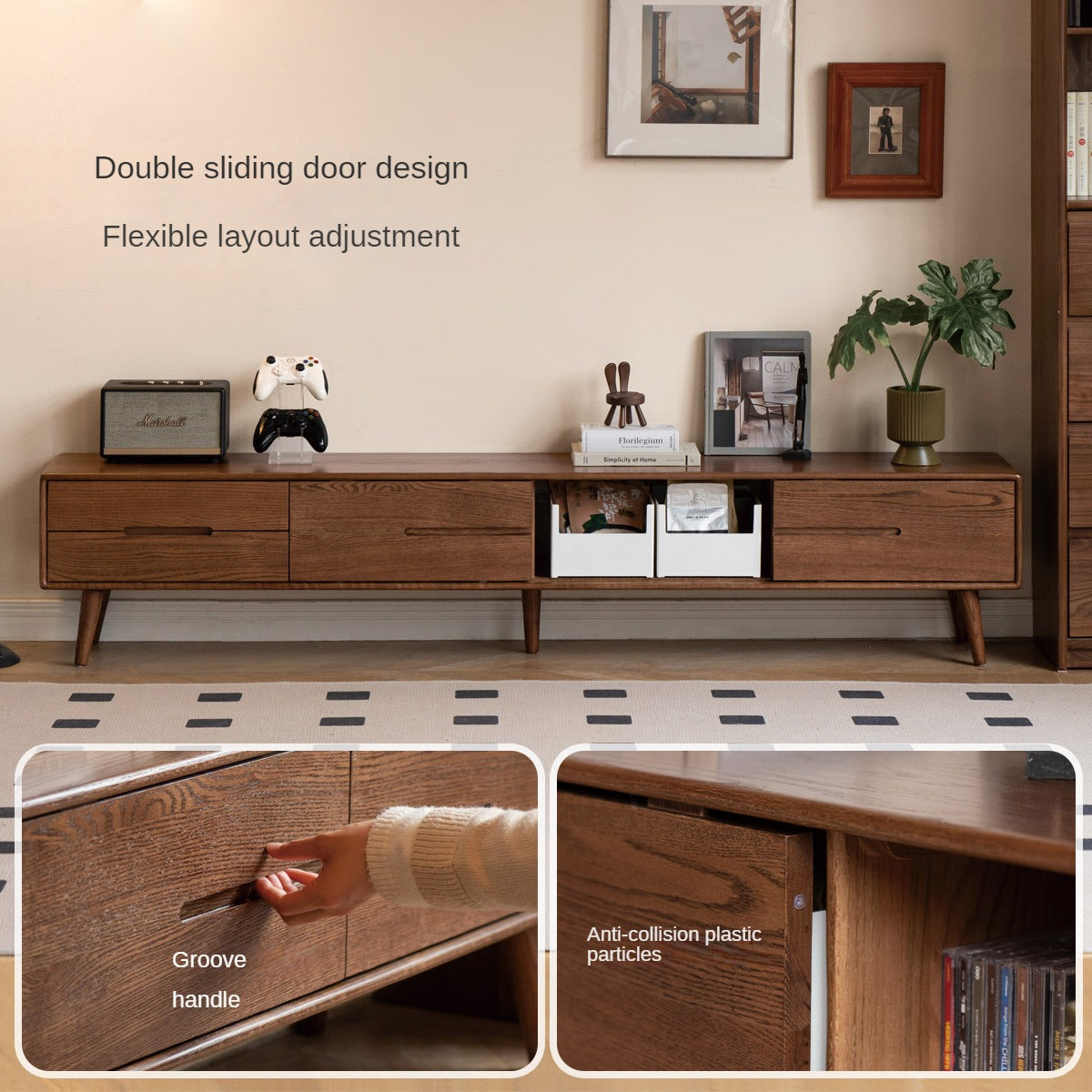 Solid Oak Wood TV Stand with Sliding Doors - Rustic Modern Entertainment Center for Living Room, Bedroom, or Home Theater