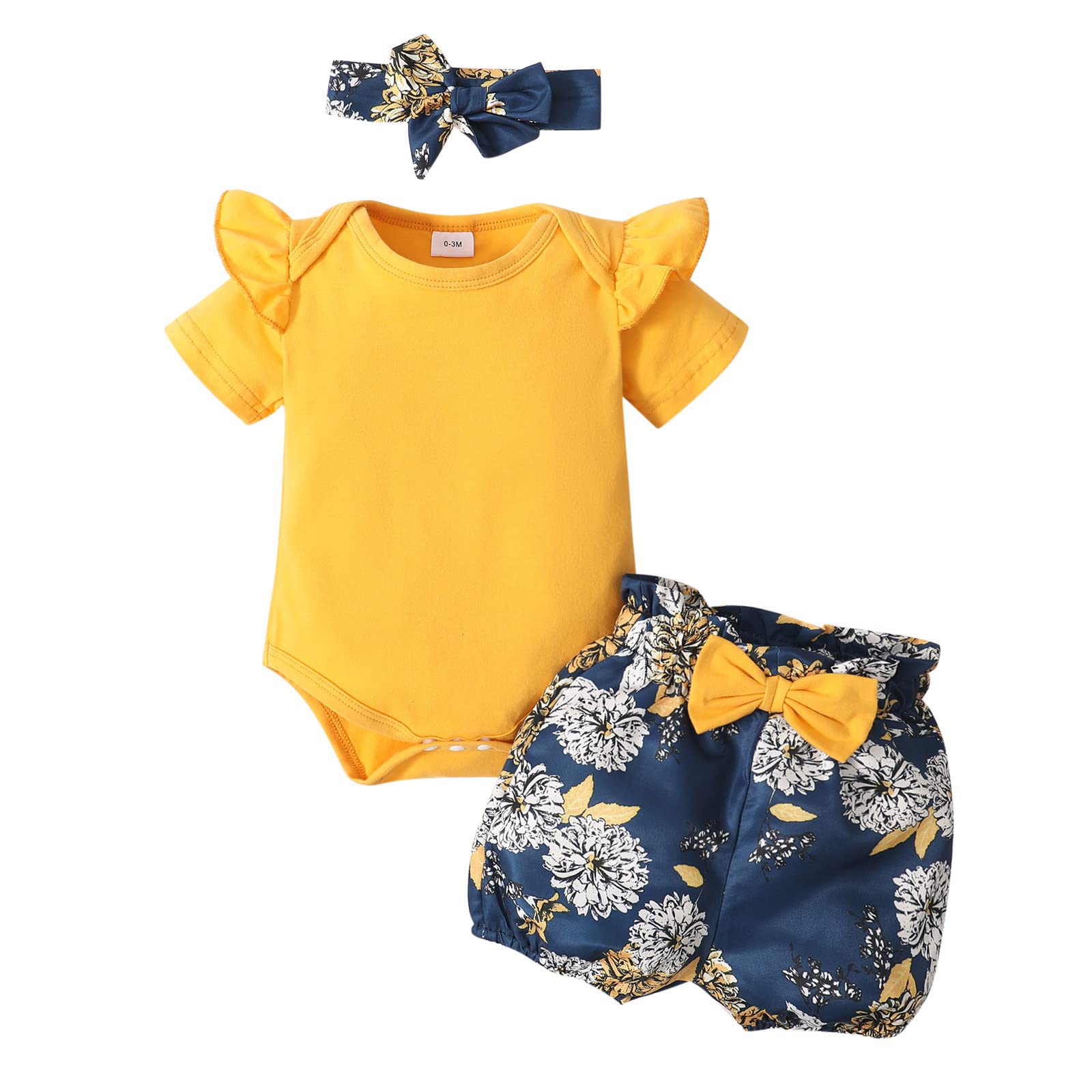 Adorable 3-Piece Baby Girl Outfit Set - Floral Romper, Shorts & Headband for Newborn Toddlers | Summer Infant Clothes for Playdates, Beach & Photo Shoots